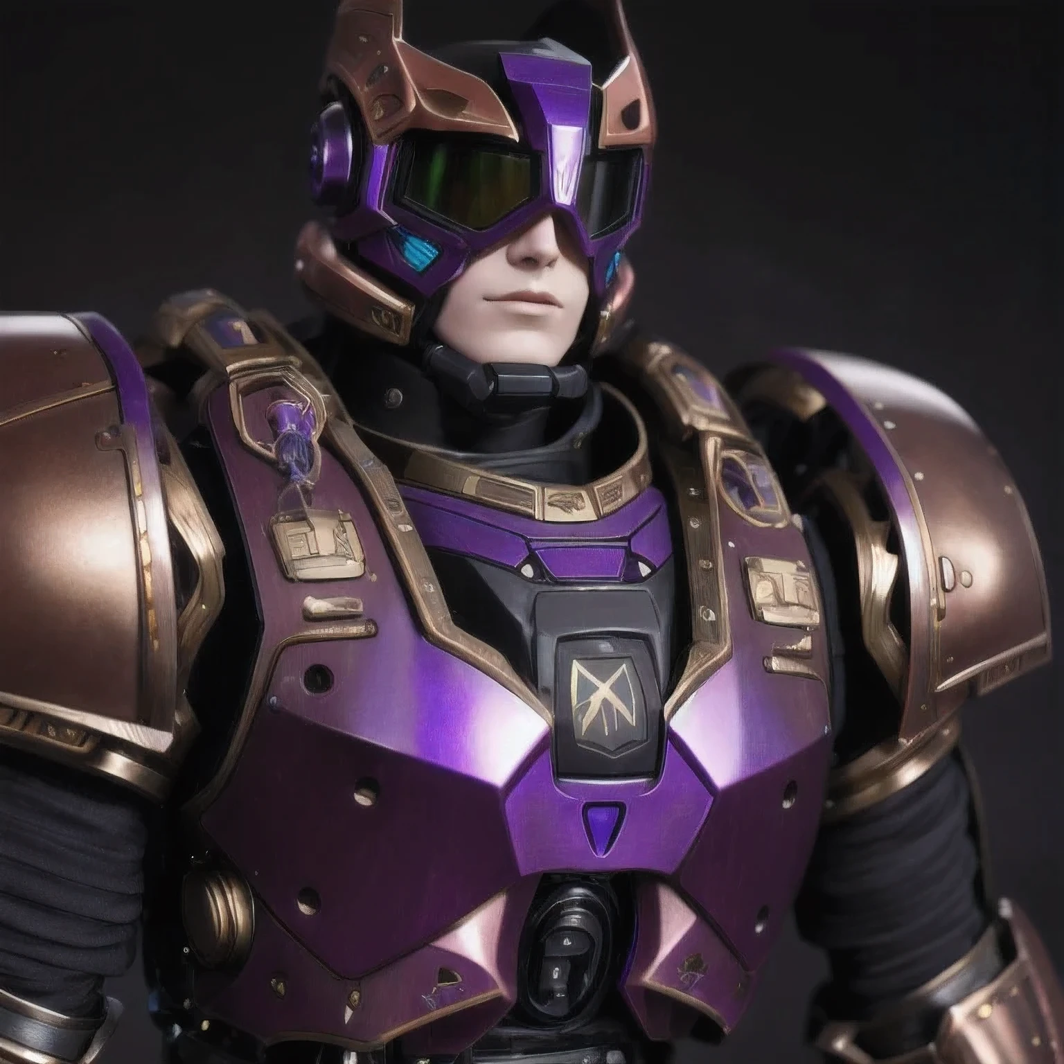 （（（Bust Close-up）））An award-winning image of a purple pink black robot in a photography competition, equipped with goggles, green sci-fi armor, white armor set, orange obsidian armor, blue armor, and red white heavy armor. Dramatic and smooth copper armor, heavy black stone armor, vine armor, black gold armor, complex brass armor, lock armor, gilded body armor, leather armor, heavy platinum armor