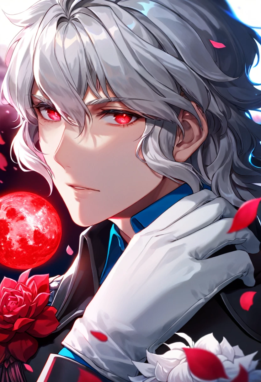 Ultra detailed, highres, absurdres, HDR, master piece, Vlov Arkhangel, white medium hair, expressive red eyes, Tsukihime (Melty Blood), fantasy, petals, red flowers, handsome, sexy man, solo, magic, shining red fireflies, red moon, best quality, extremely detailed face and eyes, red lightning, black coat with fur on his shoulder, white gloves, blue shirt
