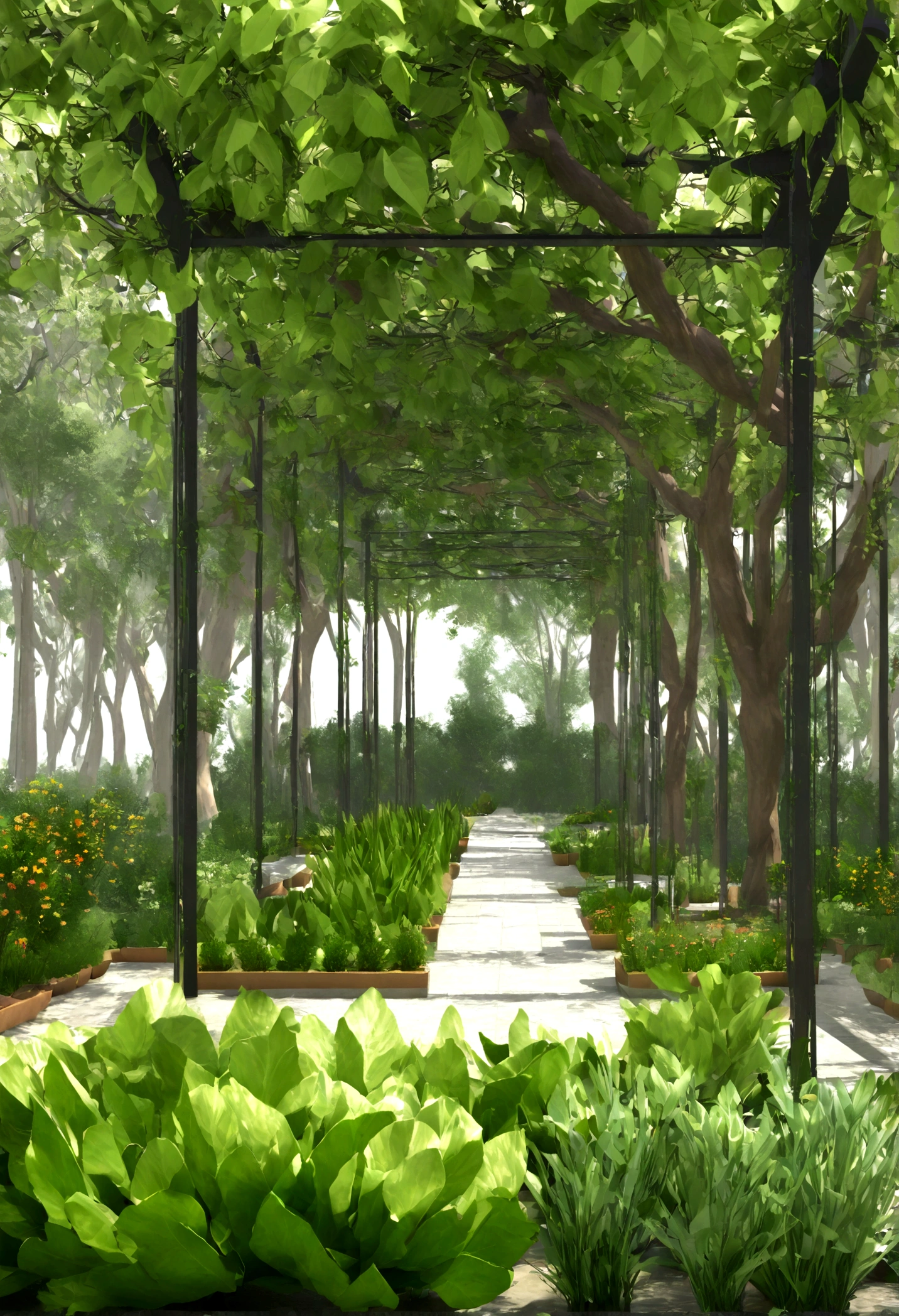 3D drawing of a 70 square meter garden with beautiful tree and vegetable garden perspectives