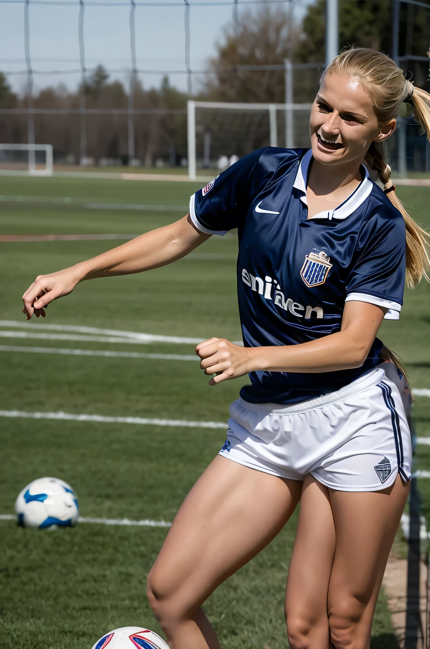 trileg, three legs, soccer player, white shorts with blue stripe,
