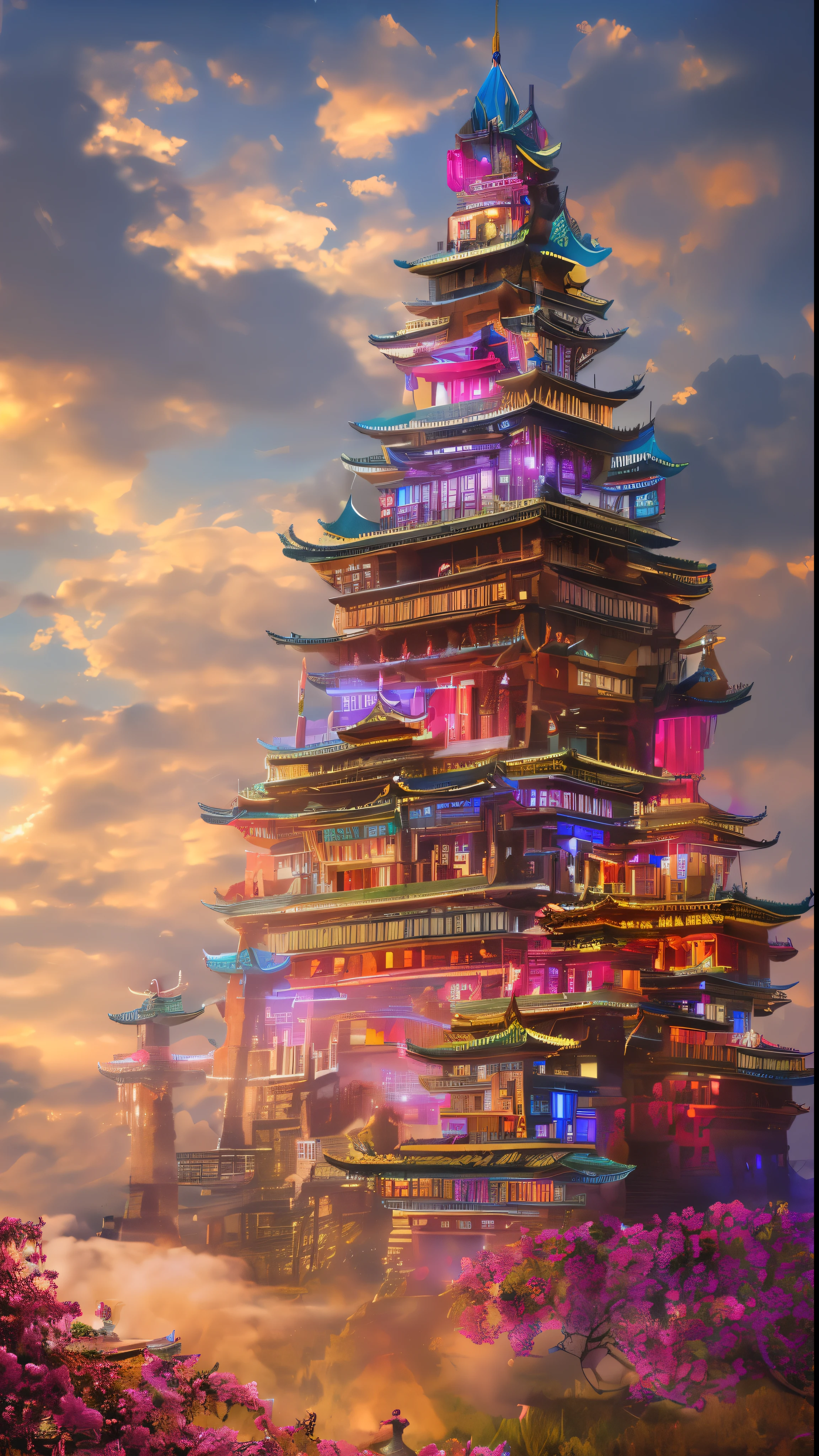 (Ultra high definition:1.4)、(Fantasy、cyber punk、Ancient Chinese castles:1.3)、(Irregular red building:1.5)、(Floating in the clouds:1.2)、(Patchwork Cottage、Neon lighting、Floral decoration:1.4)、(Cityscape in the sky:1.1)、(Ross Tran、Inspired by Mikey Chan:1.2)、(Realistic lighting、Light Shaft、warm glow:1.3)、(masterpiece:1.2)、(high quality、Beautiful graphics、