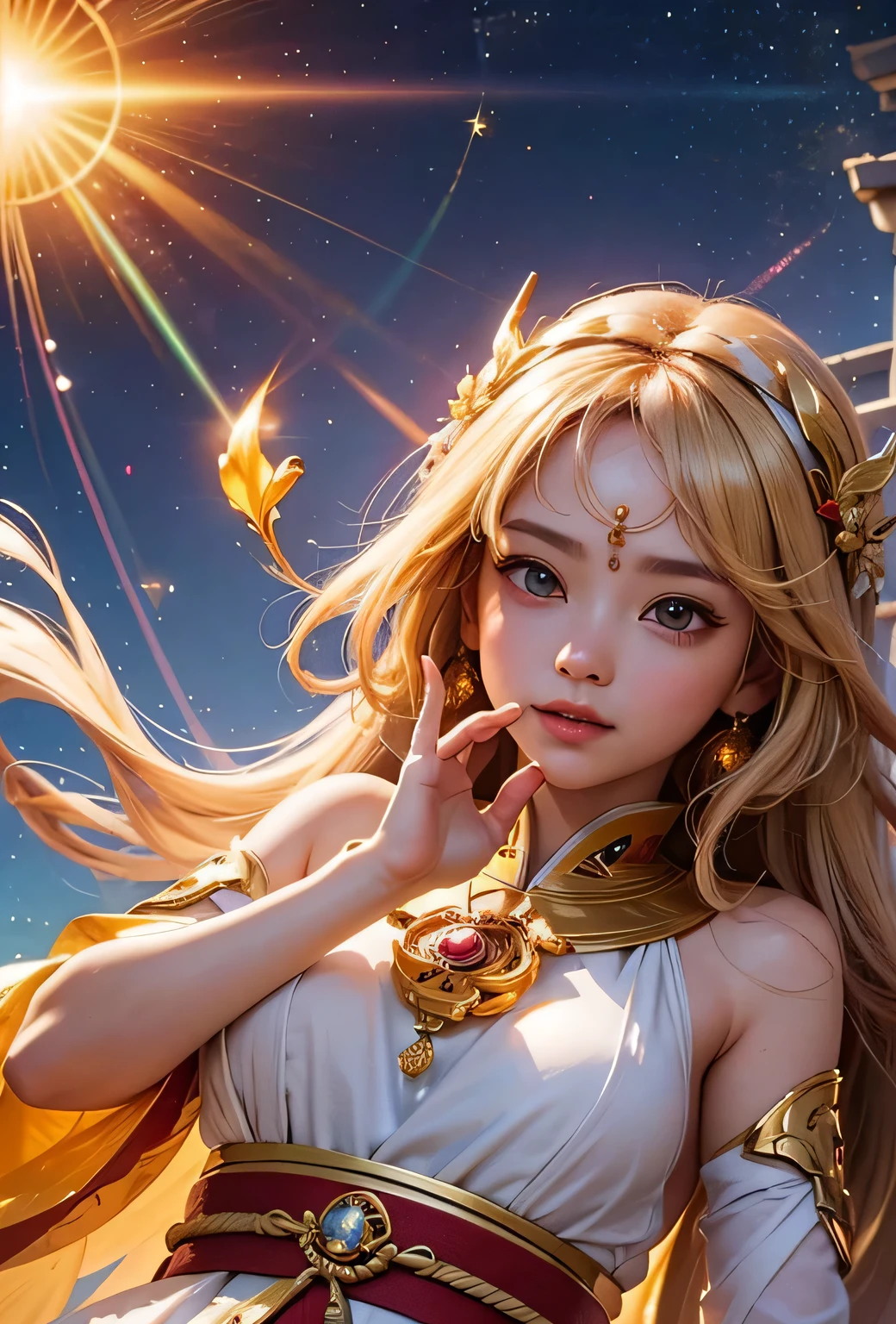 "Child of the Sun, Goddess of Love": Within a sacred sanctuary bathed in sunlight, depict the figure of a sun goddess who governs love, facing forward and emanating divine radiance. She is a , around 3 . Zoom in to focus on her face, with a gleaming orb of light in her hands, representing the life-giving power of the sun. Her hair is shimmering gold, and she is wearing a traditional miko outfit as seen in Japanese shrines. The background should be predominantly gold, evoking a sense of divine splendor, with numerous heart-themed objects expressing the beauty of love. The setting is in heaven, enveloped in soft, bright light, where one can find tranquility and peace of mind, free from any trace of anxiety.