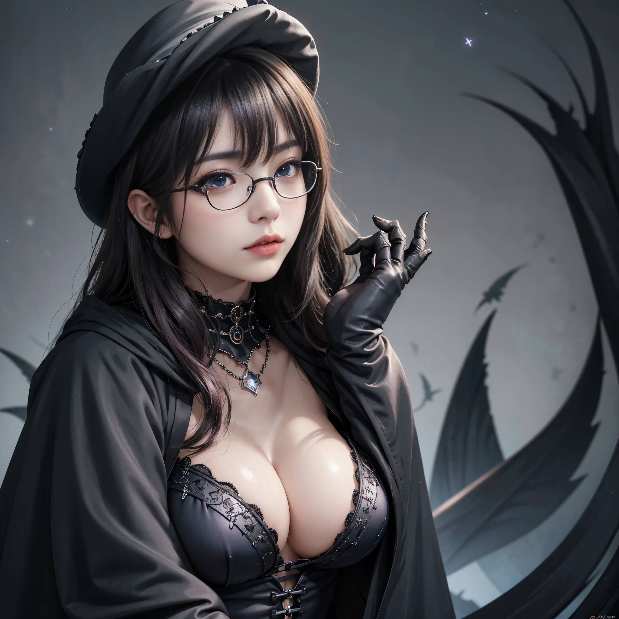 (Fatal Beauty,A charming villain,witch) ,(A supple and powerful physique),(Sensual charm),(Mysterious charm:1.1),(Captivating silhouette),((((Glasses))))、((((big sapphire necklace))))、(highest quality,High resolution:1.2),(dark,Threatening:1.1),((dark horror theme:1.5),(Thriller:1.5)),(Dark fantasy:1.5),  (((Countless stars fly away:1.5),(Absurd:1.5),(wonderful:1.5))),Woman in a dress, (Powerful numbers:1.1),(((Big Breasts))),(((Muscular:1.1))), cute face, Sexy Face, , Very detailedなbeautiful女の子, (Ideal body type:1.8), Very detailed faceexpressive lips, (Very beautiful、Crisp big eyes:1.5), Fine skin., All features are shown in detail., The outline of the fingers is beautifully drawn....., The nose is precisely shaped., expressive lips, Perfect Anatomy,cute、Realistic、(Front view:1.4),(Face Focus:1.3), realistic girl rendering, 8k artistic german bokeh, Enchanting girl, Real Girls, Gurwitz, Gurwitz-style artwork, Girl Roleplay, Realistic 3D style, cgstation Popular Topics, 8K Portrait Rendering,(truth，truth：1.4),Sexy Body,( Very lean body:1.6),Sexy pose, blush, Attractive body, Very curly hair, Purple Curly Hair, very big hair, Very curly hair, prime color,Urban,Very detailed,masterpiece,Intricate details,Faded,Very detailed, Eye for details,Intricate details,Dark and spooky atmosphere,  Spiritual Beings, Unforgettably beautiful, Ghostly figures, Shadow-like shape, Spooky whispers, Ominous Aura, Goth Maiden,  Like dazzling fur in a starless haze,Her Mogul Snaps, Mysterious Cemetery,Black hair swaying in the moonlight, She summons darkness, (beautiful: 1.7), (Black Hat: 1.6), (An intricately decorated jet-black cloak: 1.6), (Delicately decorated cloak, Despite the damage: 1.5), Hypermaximalist,  Breathtaking oil paintings, Surreal, Ultra-realistic digital illustrations that mimic the style of oil paintings, Wonderful configuration,  (Shining Eyes:1.6)、(Glowing Eyes:1.1),(hellish landscape:1.1),(fire,sulfur:1.1),(Threatening atmosphere:1.1),(dark shadows,Threatening pre