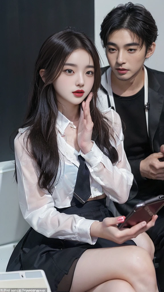 (high quality), (NSFW:1.2), (school _uniform :1.2), (split screen:1.3), (A delinquent:1.3),(girl's pantyhose:1.1), (glamorous and mature high school girl and a Korean adult man enjoying a smartphone chat app :1.4), (Her smartphone display shows a number of Korean adult men chatting to a high school girl.:1.4), (Their chat language is English:1.6), (Men are waiting for her response:1.5), popup window, (And the man is requesting a chat with her on the smartphone screen:1.5). (Chat takes place alternately between women and boys:1.4), (each other places),