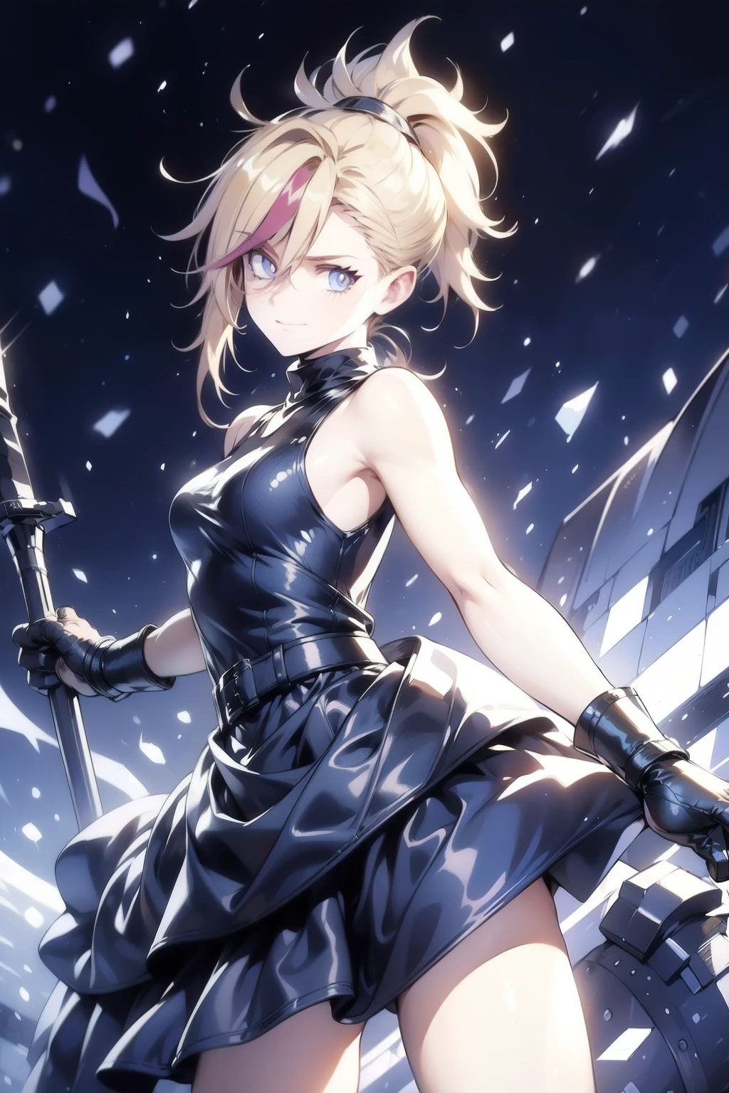 (masterpiece, best quality:1.2), Blue  glowing eyes, perfect face, highres, 1 girl, solo, ultra long ponytail, (female:1.5), strife, blonde hair, shoulder armor, sleeveless turtleneck, suspenders, belt, gloves, bracer, evil smile, standing, portrait, looking at viewer, giant sword on the back