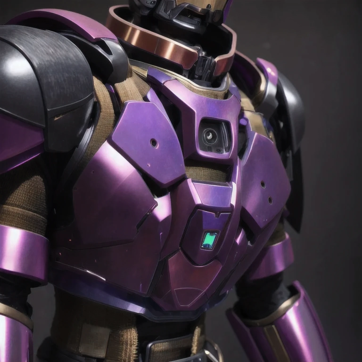(((Bust Close-up)))An award-winning image of a purple pink black robot in a photography competition, equipped with goggles, green sci-fi armor, white armor set, orange obsidian armor, blue armor, and red white heavy armor. Dramatic and smooth copper armor, heavy black stone armor, vine armor, black gold armor, complex brass armor, lock armor, gilded body armor, leather armor, heavy platinum armor