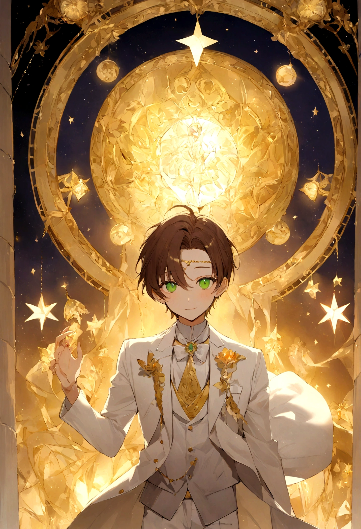 A teenage boy with short brown hair, con una gran sonrisa, and a couple of small stars on its yellow forehead, sus ojos de color verde oscuro puro, vestido con una camisa formal de color blanco, y un saco largo de color dorado, with formal white pants, el fondo es un cielo nocturno con el signo zodiacal de leo.