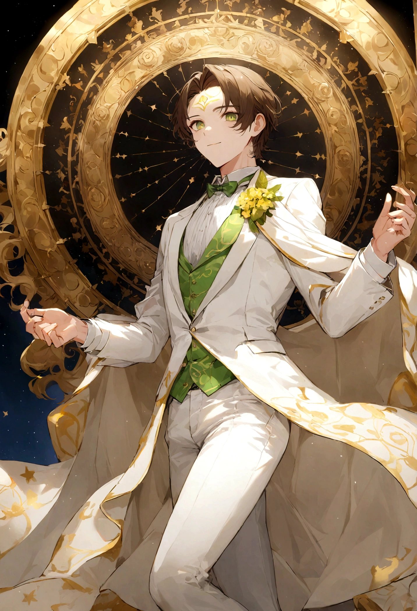A teenage boy with short brown hair, con una gran sonrisa, and a couple of small stars on its yellow forehead, sus ojos de color verde oscuro puro, vestido con una camisa formal de color blanco, y un saco largo de color dorado, with formal white pants, el fondo es un cielo nocturno con el signo zodiacal de leo.