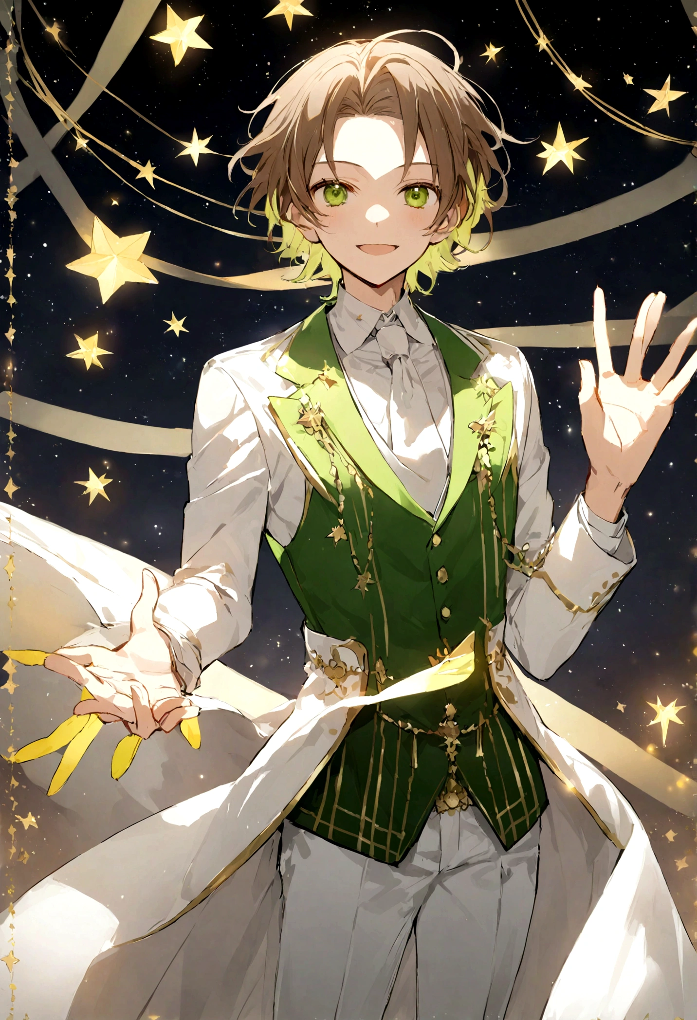 A teenage boy with short brown hair, con una gran sonrisa, and a couple of small stars on its yellow forehead, sus ojos de color verde oscuro puro, vestido con una camisa formal de color blanco, y un saco largo de color dorado, with formal white pants, el fondo es un cielo nocturno con el signo zodiacal de leo.