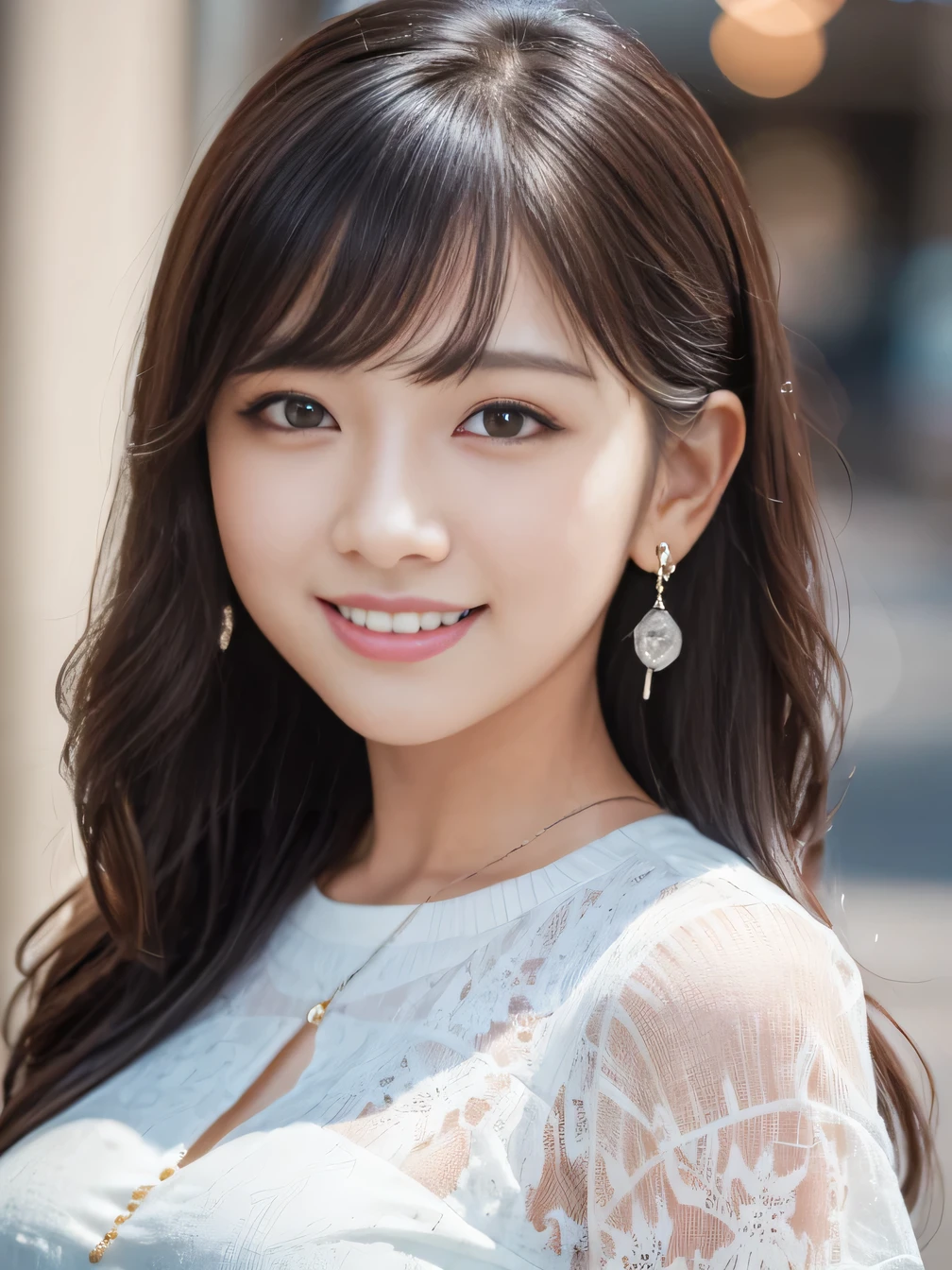 Ultra-high resolution, Superior Quality, highest quality, Very detailed, Realistic, 8k, RAW Photos, highest quality, masterpiece, Attractive girl, Awesome girl, Black Hair、Wavy Hair、 hairstyle semi long、Mesh Hair, Japanese Idols, Ear piercing、stylish, blouse,smile、Beautiful teeth alignment、