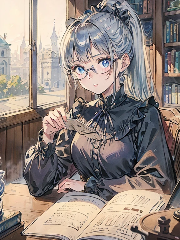 (masterpiece), (best quality), ((very detailed)), (very delicate), (A young girl),10-year-old girl, silver short hair. Soft, shiny hair. Clear cyan droopy eyes, long bangs covering her eyes. Wears glasses to avoid eye contact., Cute frilly dress with detailed textures, Luxurious room with bookshelves and fancy furniture. Often reading books,Shy, always looking down, lacking confidence, on the verge of tears