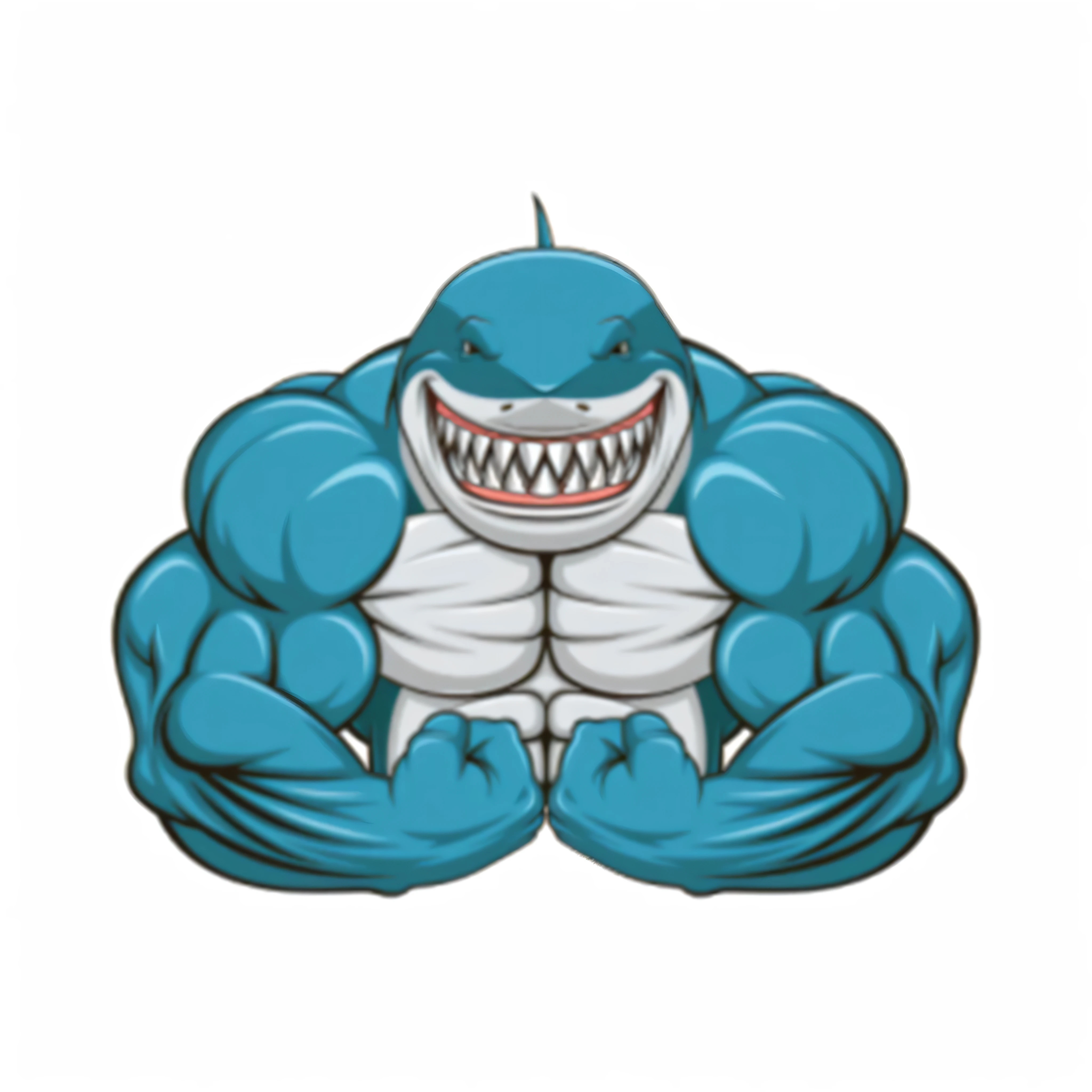 a cartoon Shark with a big smile on his face, anthropomorphic Shark, Shark man, strong jaw, megalodonte, viril, monstro, tough guy, mascot illustration, blue Shark, musculoso e assustador, big muscle, mascote do esporte, Shark, fat and ripped satanic creature, extreme muscles, muscular character, pose de raiva assustadora, half Shark alligator half man, Shark face