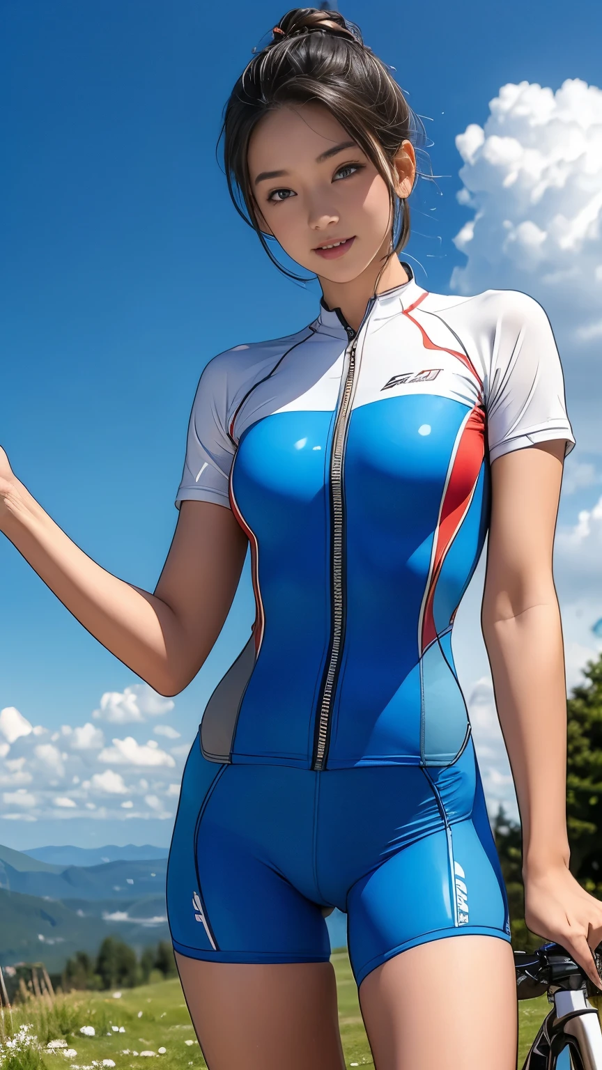  (girl, , Same height :1.2) ,masterpiece，Mountain Bike，Cycling enthusiasts，beautiful girl，Professional clothing，Blue sky and white clouds，8K,  日本のgirl ,  (Smile:0.7), Smile,  very short hair , Camel toe, (High color saturation:1.0),  (The skin is very delicate), (best quality:1.0), (Ultra-high resolution:1.0) ,(actual:1.0), (Super detailed:1.0), (8K, RAW photos:1.1)