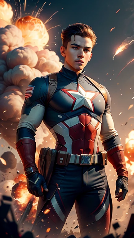 beautiful and aesthetic, tmasterpiece, filmposter, Best quality at best, A man wearing a retro astronaut suit、Drawing of teenage kid wearing Captain America costume striking dramatic pose in front oF big cinematic explosion, vivd colour, Abstract, james jean style, Fantasy elements