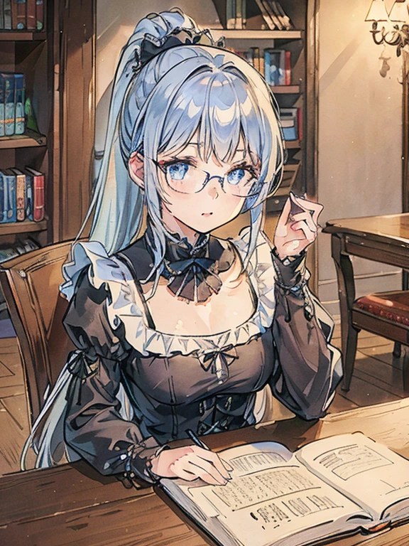 masterpiece, highest quality, Very detailed, 16k, Ultra-high resolution, Cowboy Shot, Detailed face, Perfect Fingers, 14-year-old girl, Glasses, blue eyes, Silver Hair, Long Hair, ponytail, Black maid outfit, Luxurious Western-style building, Bookshelf, Table seating, Chair, reading, shuimobysim