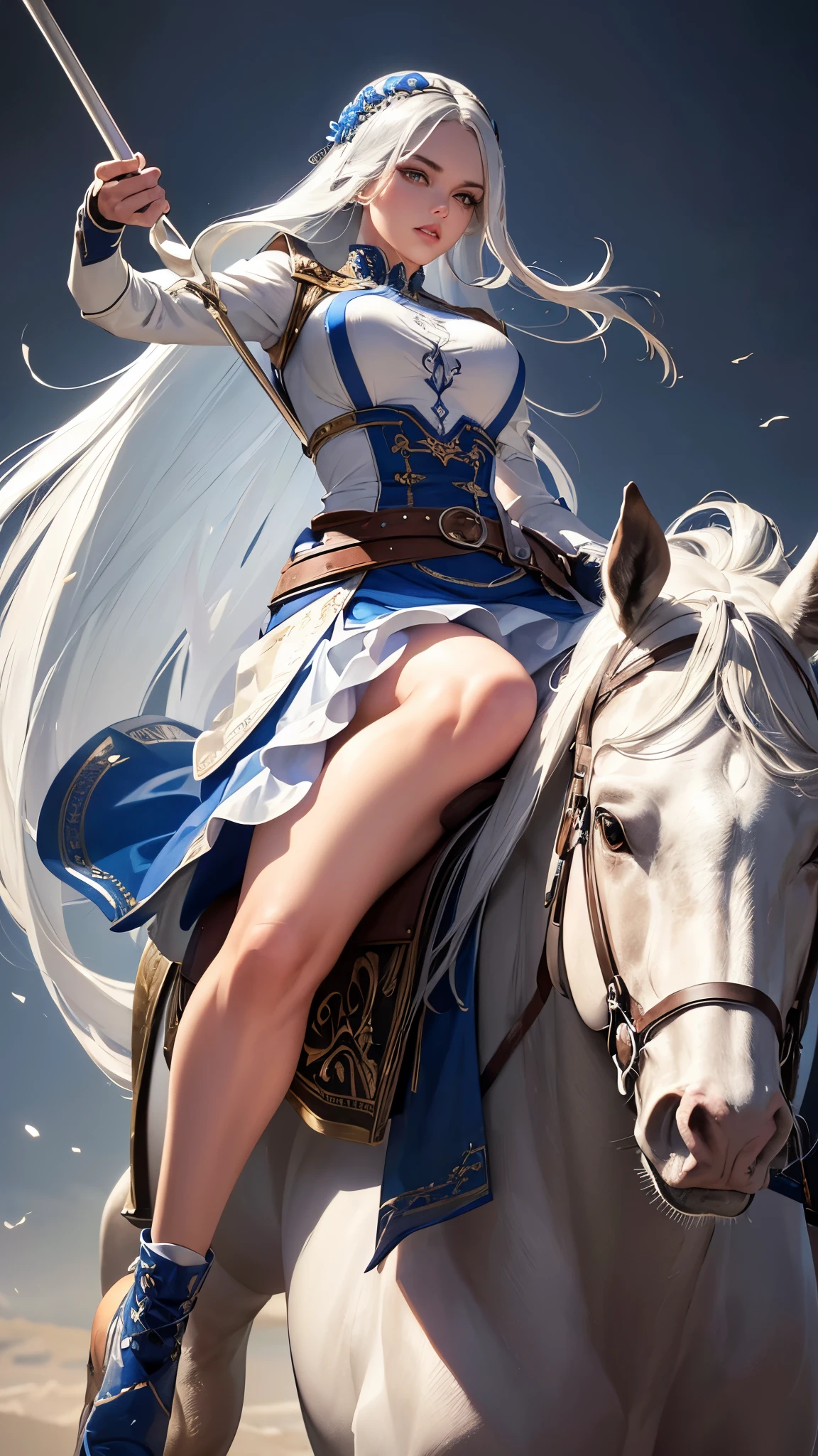 a young woman with long gray hair and gray eyes, wearing a white shirt, blue skirt, gloves, belt, and boots, holding a long spear, riding a pegasus, (best quality,4k,8k,highres,masterpiece:1.2),ultra-detailed,(realistic,photorealistic,photo-realistic:1.37),portrait,fantasy,highly detailed face and eyes,beautiful detailed eyes,beautiful detailed lips,extremely detailed eyes and face,long eyelashes,dynamic pose,dramatic lighting,vibrant colors,intricate details