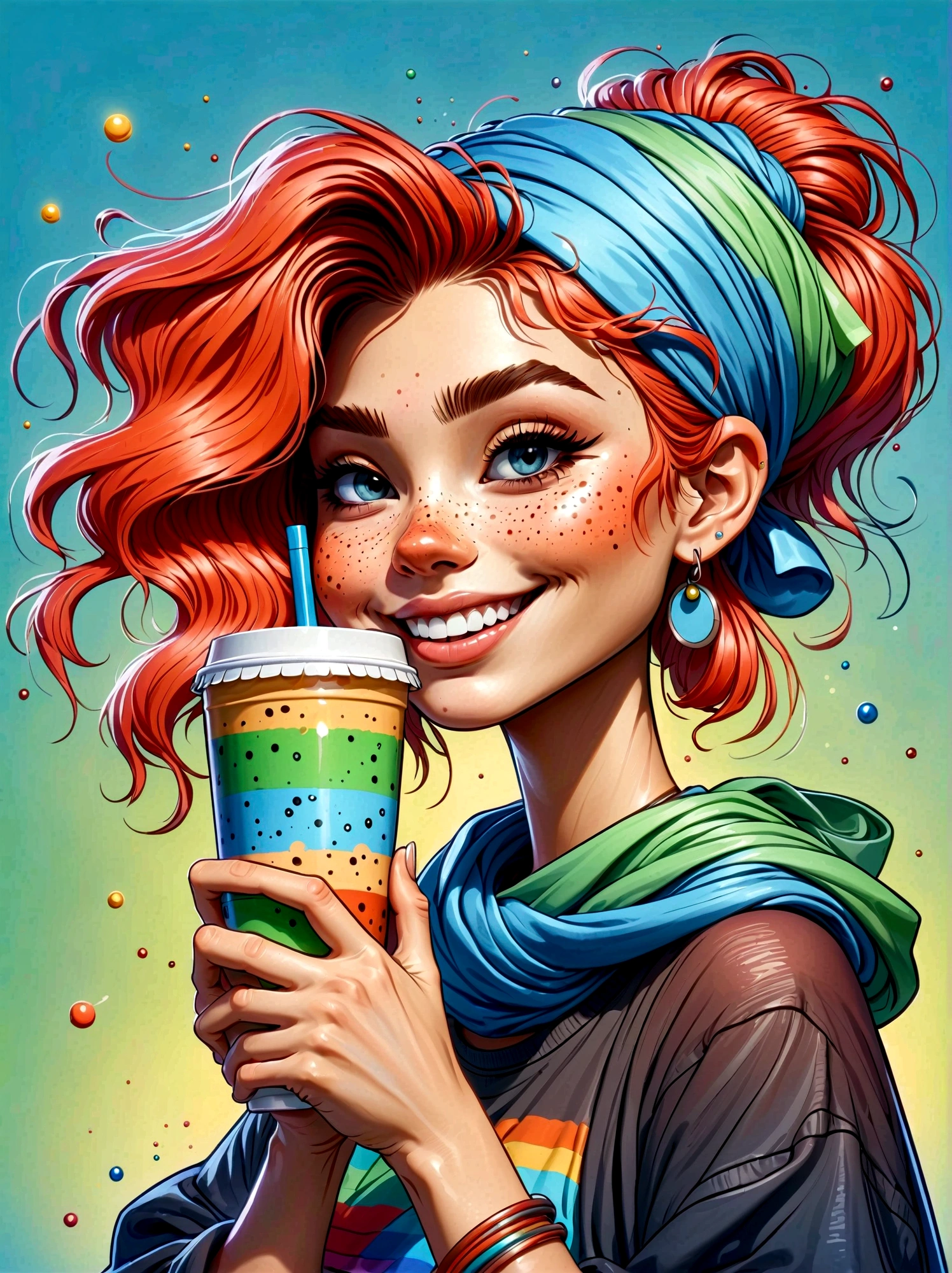 Cartoon hand drawn, 1girl, solo, Smile，Ponytail，wearing blue headscarf，Drinking milk tea，Wearing pearl earrings，Dopamine Color，The background is a rainbow，Colourful, Wearing bright blue and green square clothes，Holding electric weapons, The color palette is in red, orange and black tones and has a sketchy style, The background should have a simple hand-drawn doodle pattern