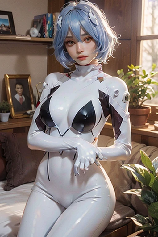 (actual, realisticlying), ayanami_beautiful, 1个Giant Breast Girl, blue short hair, white hair ornament, ((White jumpsuit, mitts)), Thigh body), Permanent, (cow boy shot),(tmasterpiece, high qulity, Best quality at best), (Colorful),(delicate eyes and face), volumettic light, Ray traching, extremely detaild的 CG unified 8k wallpapers,Alone((Fly petals)), Indoors, Bedrooms, Beds, desks, Computer, potted plant, potted, decor