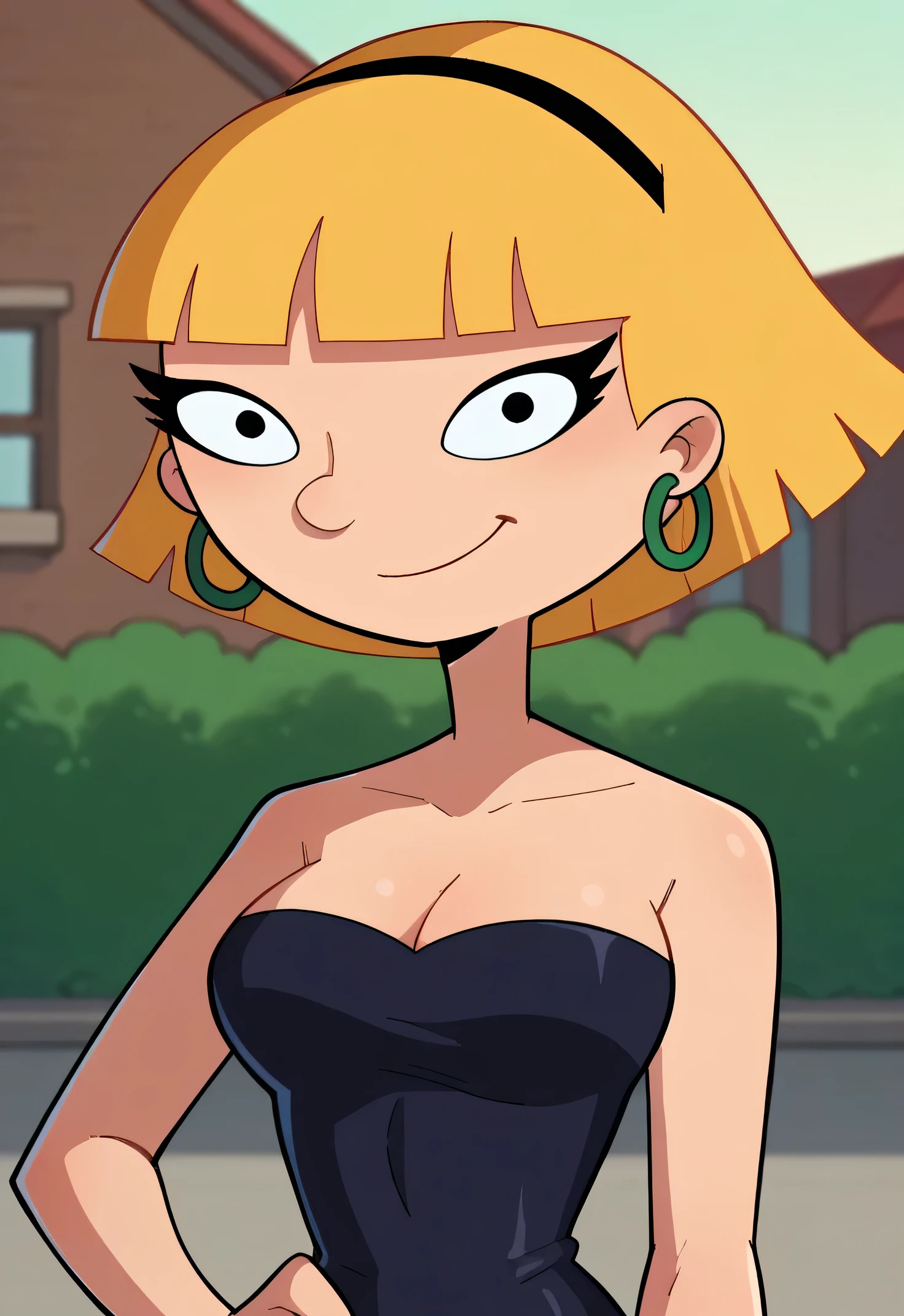 score_9_up,score_8_up,score_7_up,score_6_up,score_5_up,score_4_up BREAK olga pataki,1girl, solo, blonde hair, short hair, black hairband, hoop earrings, strapless, cleavage, a short black dress, black skin tight dress, smile, bangs, human skin, blunt bangs, upper body, looking at viewer, left hand on own hip, right arm down, outdoors, movie style