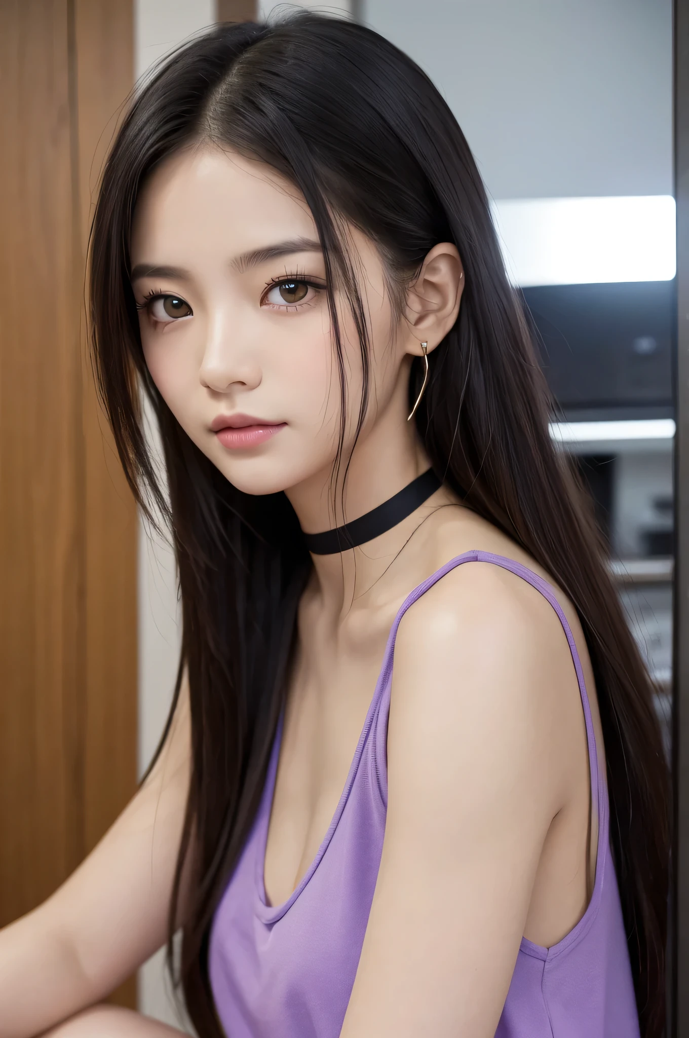This image is、A very attractive and detailed portrait of a woman.。Below is the detailed prompt for the image。
--- In the center of this image、A young woman is depicted。Her appearance is very impressive、What really catches your eye are her bright yellow eyes.。The eyes emit a strong light、It gives her a mysterious and sharp look.。The contours of her face are soft、Skin is smooth and has a healthy glow。
Her hair is black、Place々Has purple highlights。Long hair、It flows naturally like waves.。Some of her hair hangs down the side of her face.、Overall, the casual style is emphasized。Her attire is casual and、She is wearing a purple tank top and a mini skirt.。This outfit reflects her stylish and contemporary taste.。
She has a tattoo on her arm、There is a large design on the left arm.。The tattoo is carefully drawn in detail.、Emphasizes her personality。Also、There is a small tattoo on his right arm.。She has a black choker around her neck.、The pendant hangs。This accessory adds an edgy element to her overall look.。
She is sitting with her head slightly tilted forward.、The gaze is fixed straight ahead。Although his facial expression is calm,、Gives a confident impression。The background around her is simple.、Designed so that the focus is entirely on her。The background is a light grey cot brings out her vibrant colors。
Overall、This image is very detailed.、Character personality and style are emphasized。Her unique fashion sense and tattoos、It brings out her strong personality and modern appeal.。It is a work that perfectly combines modern and artistic elements that users love.。
