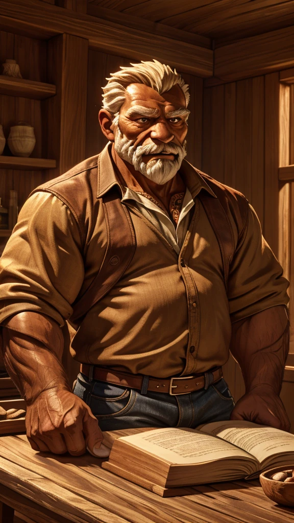 a muscular old man, wood carving, making a table, detailed wood texture, intricate carving, rough hands, focused expression, natural lighting, warm color tones, cinematic composition, photorealistic, award winning, 8k