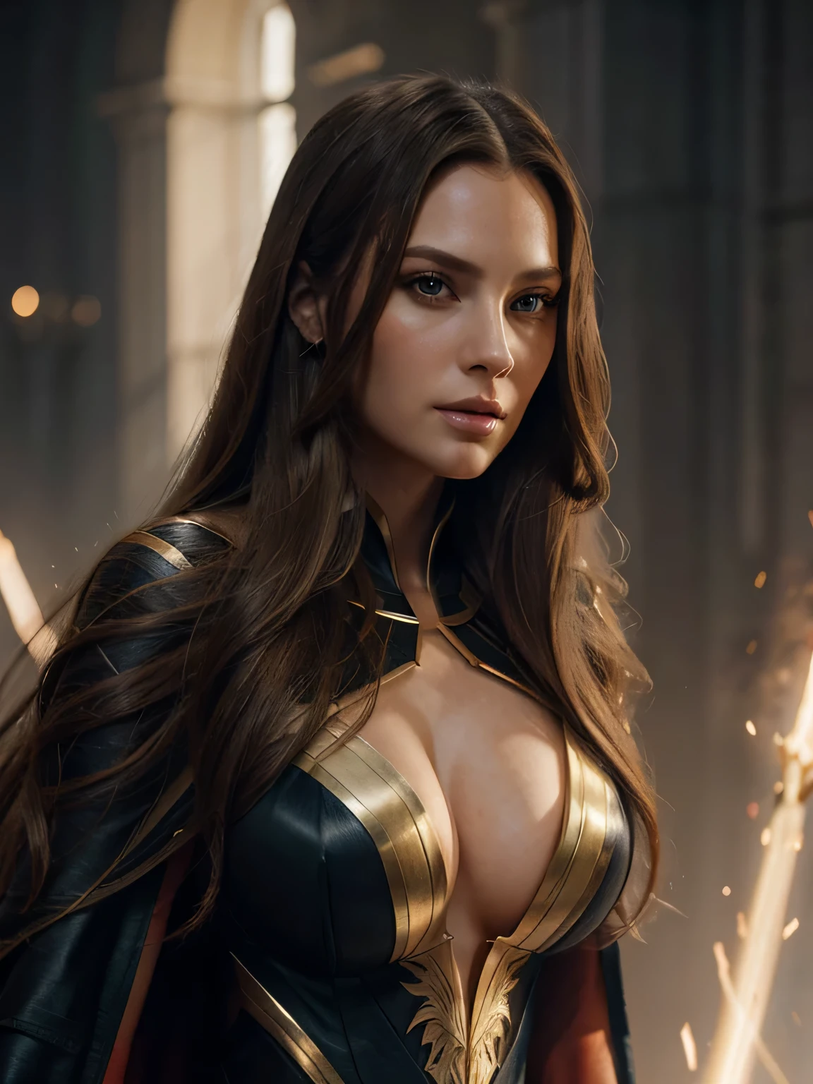  Portrait of A confident-looking Caucasian woman with long flowing hair, hazel eyes, with flowing capes, perfect composition, hyperrealistic, super detailed, 8k, high quality, trending art, trending on artstation, sharp focus, exposed cleavage studio photo, intricate details, highly detailed, art by greg rutkowski