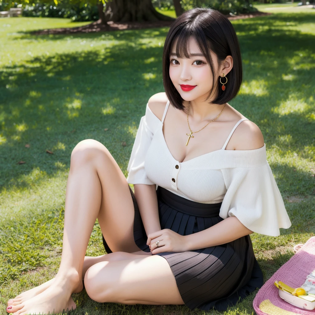 (8k, Photorealistic, Raw photo, Highest quality: 1.4),Japanese idol style1Beautiful girl of the person,18-year-old,Short bob hairstyle,Black Hair,She has her hair tucked behind her ears,She has small earrings in her ears,Big, clear grey eyes,Long eyelashes,Plump Cheeks,She is wearing pink lipstick,Apply gloss over your lipstick for glossy, plump lips,Smiling,A short pendant is hanging around her neck.,Both hands have black nail polish on their nails,Both toenails have black nail polish,Wearing a white off-the-shoulder summer knit on bare skin,I can see her cleavage,She is wearing a black checked pleated skirt,barefoot,sitting on the grass under a tree in the park(Cross your legs :1.4),Hands placed between legs,She is surrounded by the gentle sunlight filtering through the trees.,Angle from the front,whole body ports