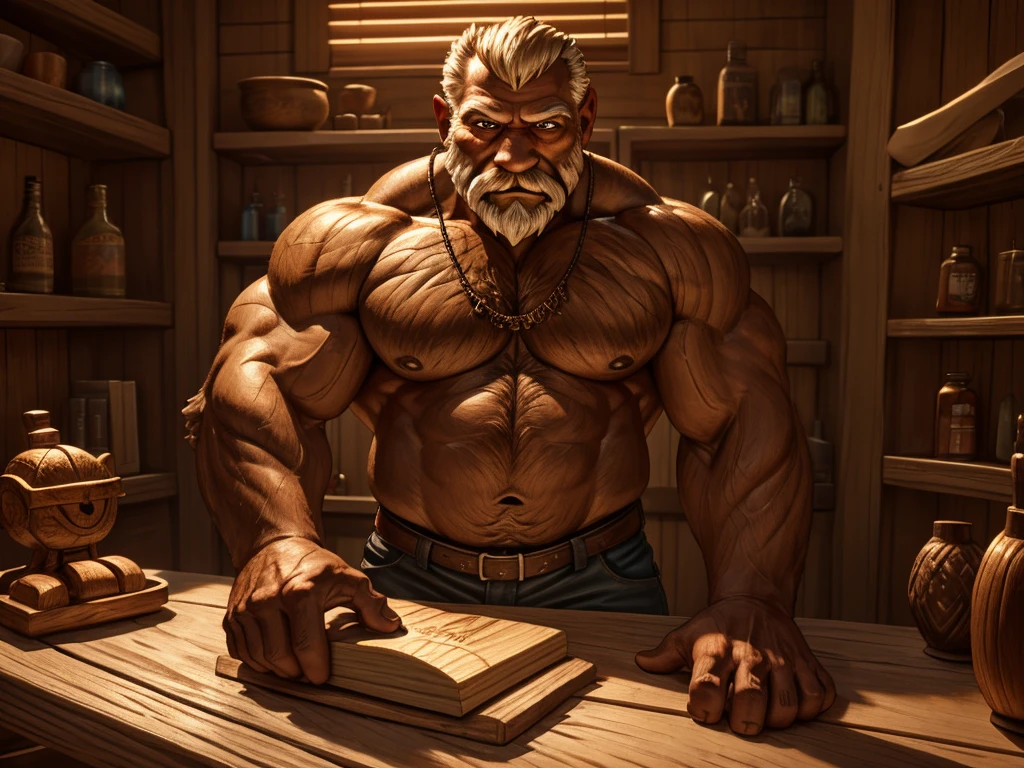 a muscular old man, wood carving, making a table, detailed wood texture, intricate carving, rough hands, focused expression, natural lighting, warm color tones, cinematic composition, photorealistic, award winning, 8k