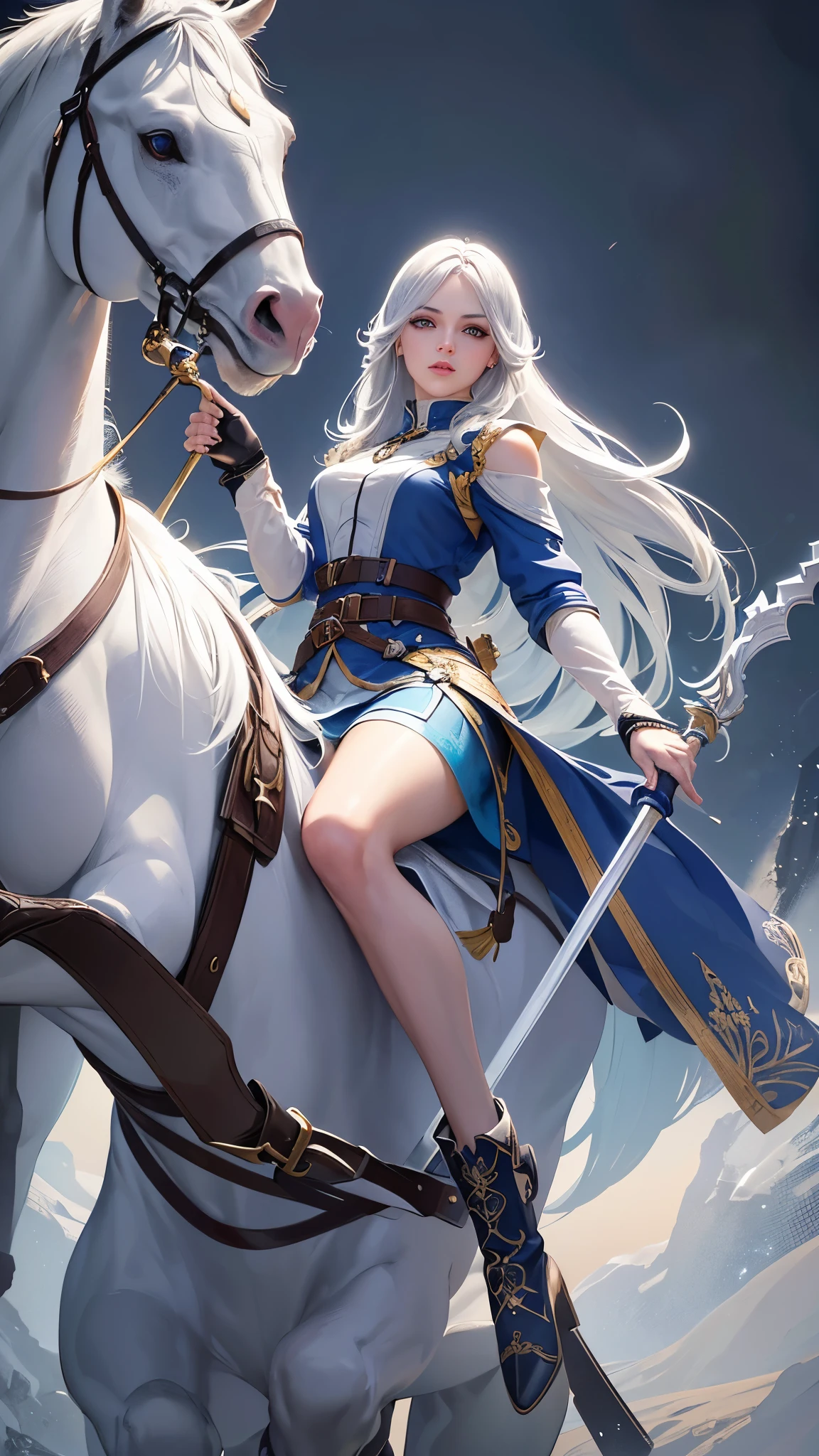 a young woman with long gray hair and gray eyes, wearing a white shirt, blue skirt, gloves, belt, and boots, holding a long spear, riding a pegasus, (best quality,4k,8k,highres,masterpiece:1.2),ultra-detailed,(realistic,photorealistic,photo-realistic:1.37),portrait,fantasy,highly detailed face and eyes,beautiful detailed eyes,beautiful detailed lips,extremely detailed eyes and face,long eyelashes,dynamic pose,dramatic lighting,vibrant colors,intricate details
