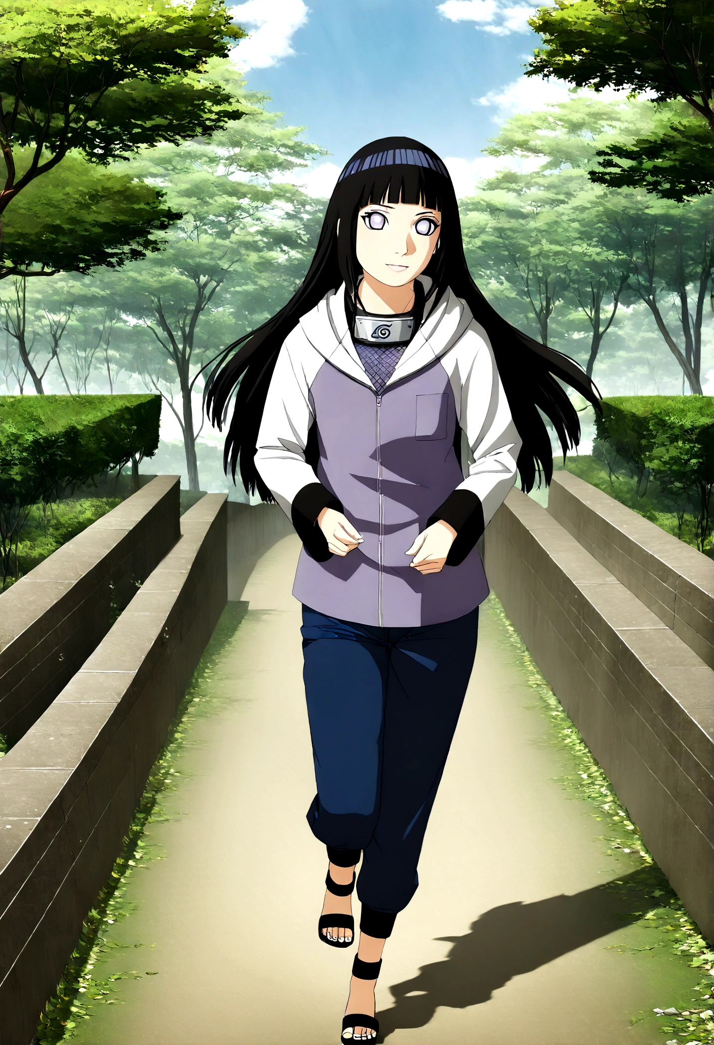 1girl, Hinata Hyuga, Sportswear, running on the path surrounded by green trees, long hair dancing in the wind, with a confident and happy smile on the face. The sunlight penetrates the treetops, casting mottled shadows and adding warmth and brightness to the entire picture. The young people around them are also immersed in the joy of sports, together outlining a beautiful picture full of youthful vitality and vitality, long hair, blunt bangs, dark blue hair, white eyes, no pupils, forehead protector, konohagakure symbol, purple and white hooded jacket, fishnets, blue pants, holster, bandage on thigh, open sandals, looking at viewer, (masterpiece, best quality, Professional, perfect composition, very aesthetic, absurdres, ultra-detailed, intricate details:1.3)