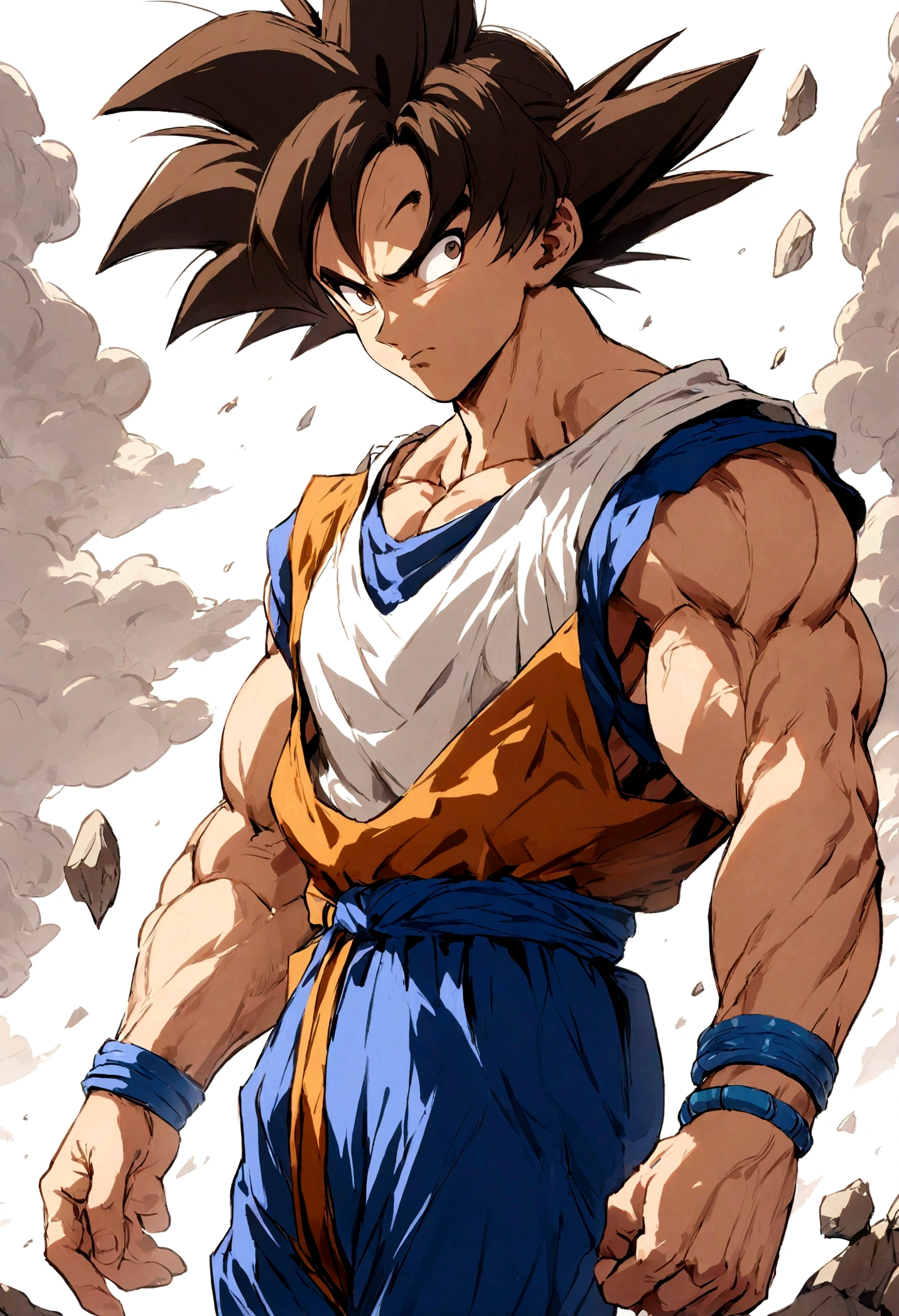 brown haired male like Goku, broken eyebrow on right side, brown eyes, wearing white tank top, blue pants, white sports bracelet, muscular
