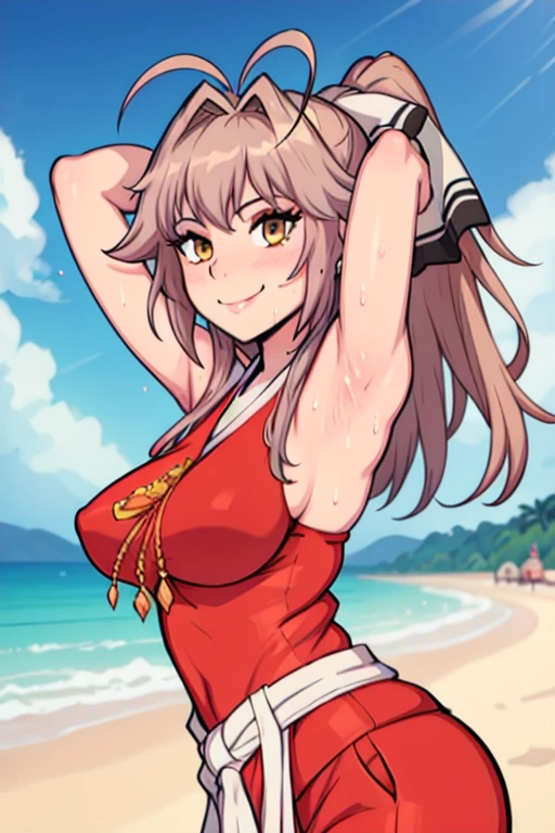 masterpiece, best quality, looking at viewer, upper body, portrait, looking at viewer, seductive smile, put your hands behind your head, armpits, armpits visible, sweaty armpits, yae miko, large breasts, ponytail hair, golden eyes,wearing red outfit, beach backround, sleeveless