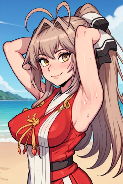 masterpiece, best quality, looking at viewer, upper body, portrait, looking at viewer, seductive smile, put your hands behind your head, armpits, armpits visible, sweaty armpits, yae miko, large breasts, ponytail hair, golden eyes,wearing red outfit, beach backround, sleeveless