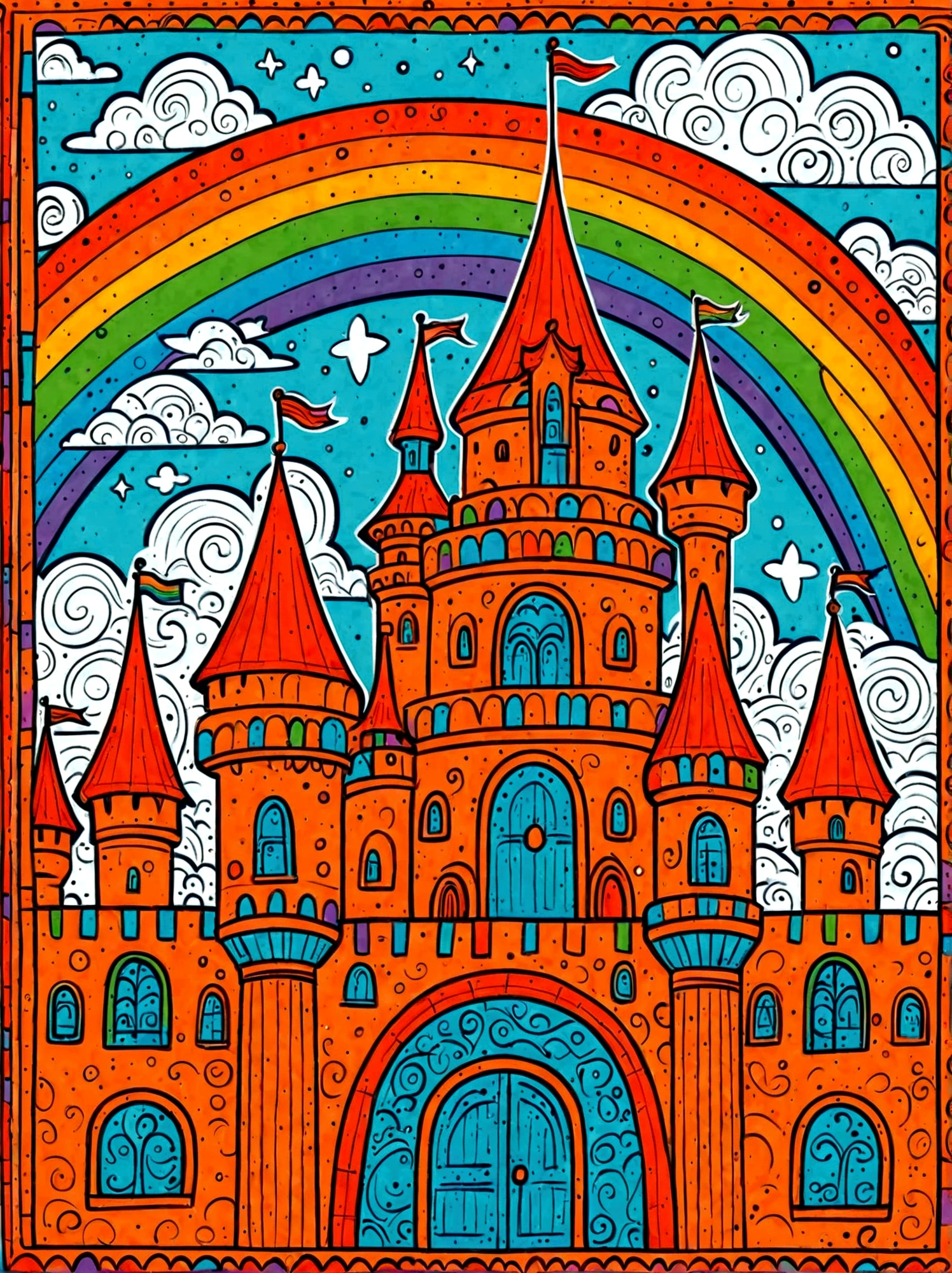 Cartoon hand drawn, A colorful castle，Clean background，Blue sky and white clouds，Dopamine Color，The background is a rainbow，Colourful, Bright blue and green square walls, The color palette is in red, orange and black tones and has a sketchy style, The background should have a simple hand-drawn doodle pattern