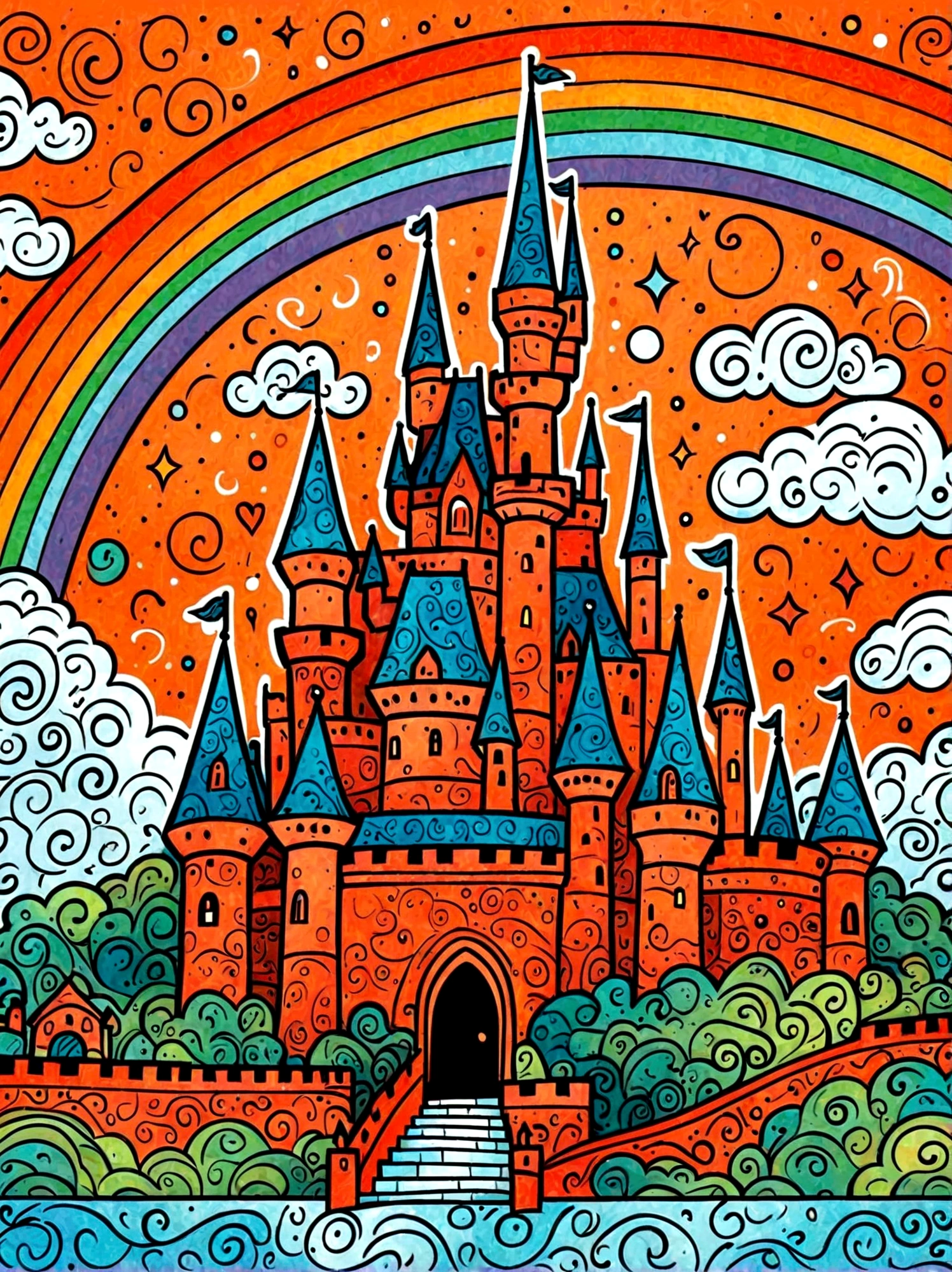 Cartoon hand drawn, A colorful castle，Clean background，Blue sky and white clouds，Dopamine Color，The background is a rainbow，Colourful, Bright blue and green square walls, The color palette is in red, orange and black tones and has a sketchy style, The background should have a simple hand-drawn doodle pattern