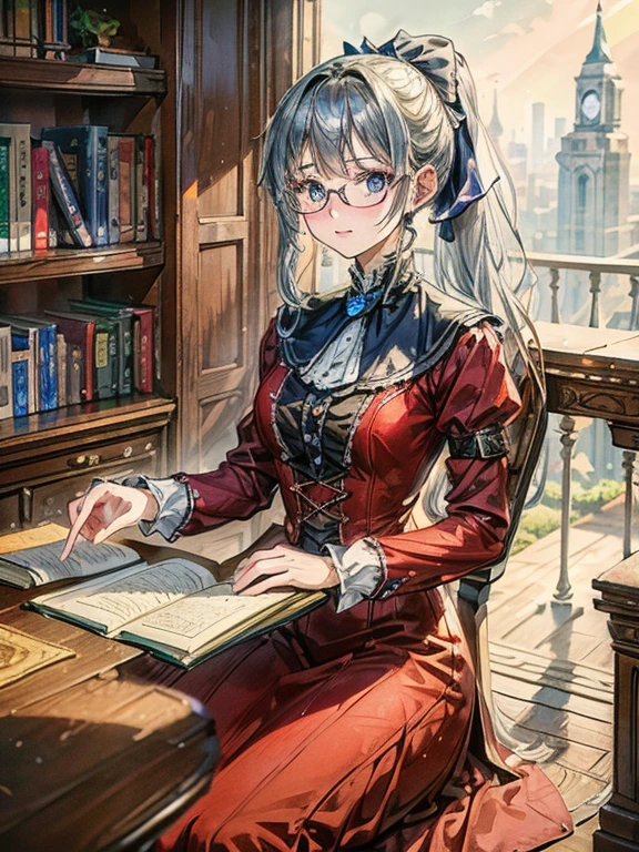 masterpiece, highest quality, Very detailed, 16k, Ultra-high resolution, Cowboy Shot, Detailed face, Perfect Fingers, 14-year-old girl, Glasses, blue eyes, Silver Hair, Long Hair, ponytail, victorian dress, Red dress, Luxurious Western-style building, Bookshelf, Table seating, Chair, reading