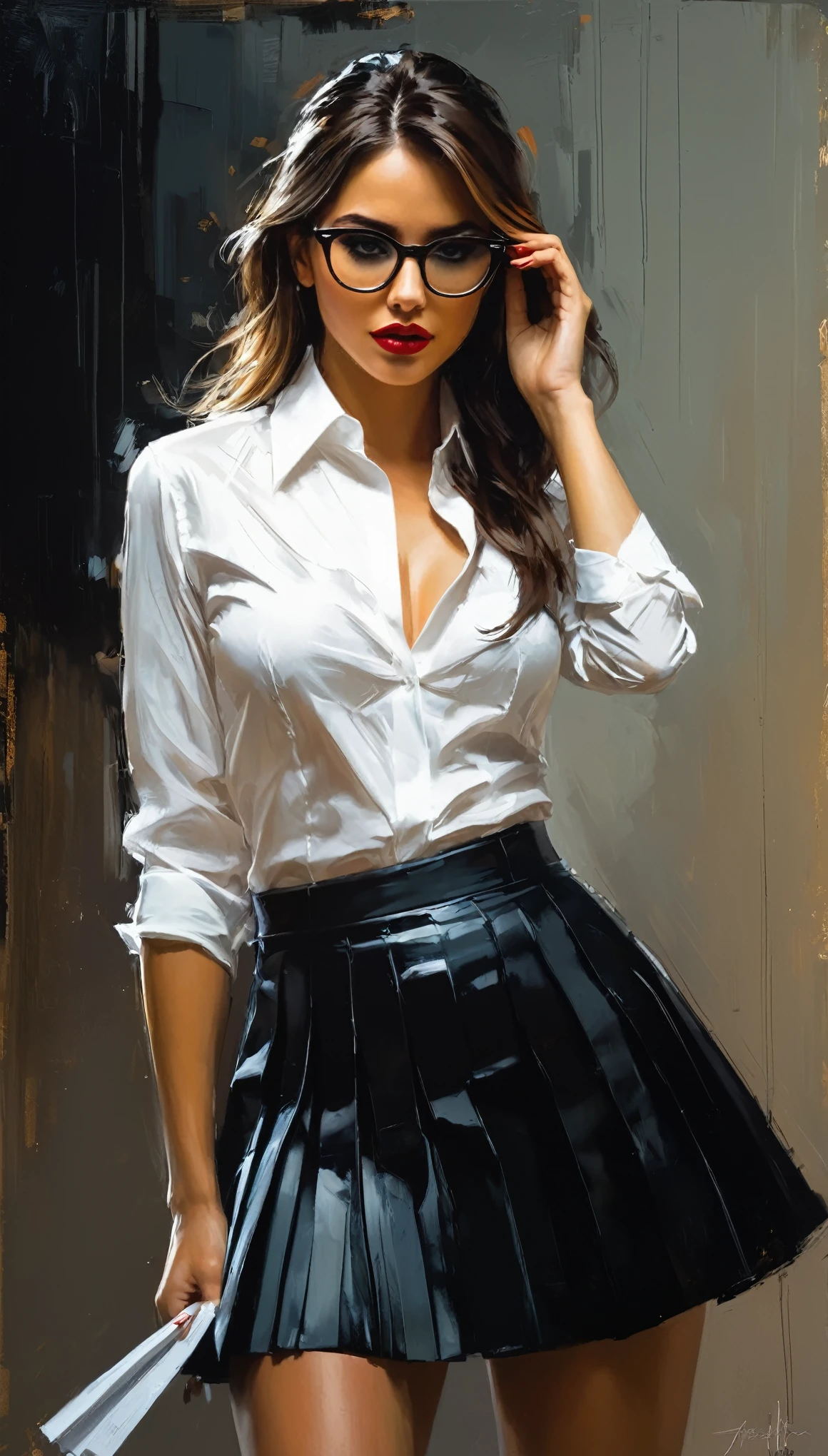 cinematographic Steve Henderson Fabian Perez Henry Asencio Jeremy Mann Marc Simonetti Fantasia, , cinematic, fotografia, (Obra de arte, melhor qualidade) 1 student girl in mini skirt black pleated (Work of art, best quality) blouse white, long-sleeved satin dress shirt, seductive glasses and red lips, blouse satin 
