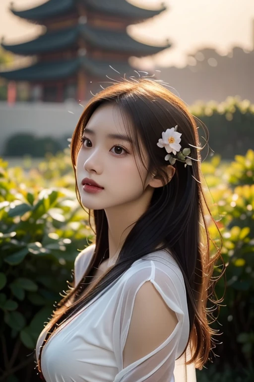 1 Girl, Solo,portrait,Hanfu,Ancient_Chinese_architecture, in Flower garden,Super High Quality, Masterpiece, Perfect Illustration, Extreme Details (Delicate Light and Shadow, Highly Dramatic Picture,)Zhong Hua,Official Art, Unity 8k wallpaper, super detailed, beautiful and beautiful, masterpiece, best quality, (Dynamic angle: 1.4), glowing skin, (Floating colorful flashes: 1)  bright colors, romantic depth of field