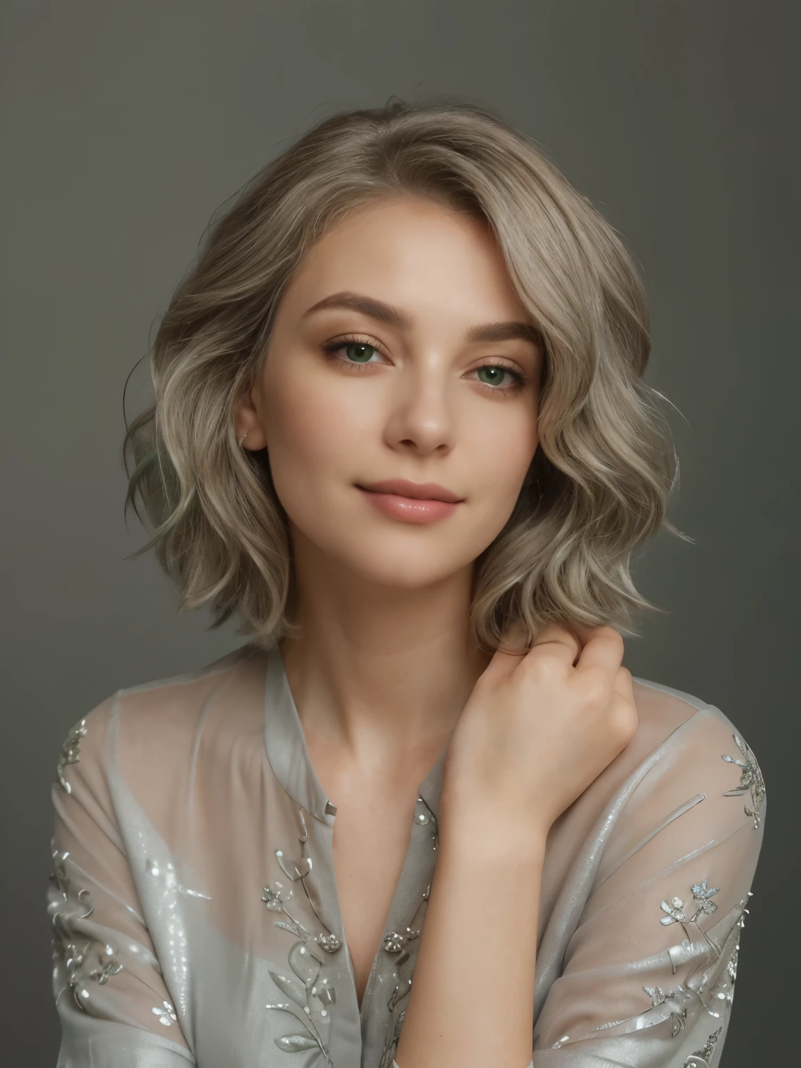 A high-quality studio portrait of a mature woman of medium age with short, curly silver hair who looks youthful. She has green eyes, defined eyebrows, and rosy lips with a slight smile. She is wearing an elegant, grey, silver-embroidered blouse with intricate patterns. Her hair is styled with small, discreet clips. The background is a muted green, which draws attention to her. The lighting is soft, highlighting her facial features without creating harsh shadows. The photo is taken from a slightly downward angle, capturing her in a relaxed pose with her arms crossed in front of her, exuding confidence and warmth.
