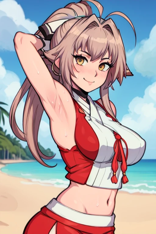 masterpiece, best quality, looking at viewer, upper body, portrait, looking at viewer, seductive smile, put your hands behind your head, armpits, armpits visible, sweaty armpits, yae miko, large breasts, ponytail hair, golden eyes,wearing red outfit, beach backround, sleeveless