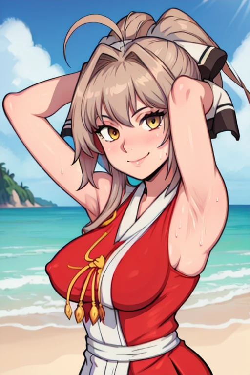 masterpiece, best quality, looking at viewer, upper body, portrait, looking at viewer, seductive smile, put your hands behind your head, armpits, armpits visible, sweaty armpits, yae miko, large breasts, ponytail hair, golden eyes,wearing red outfit, beach backround, sleeveless