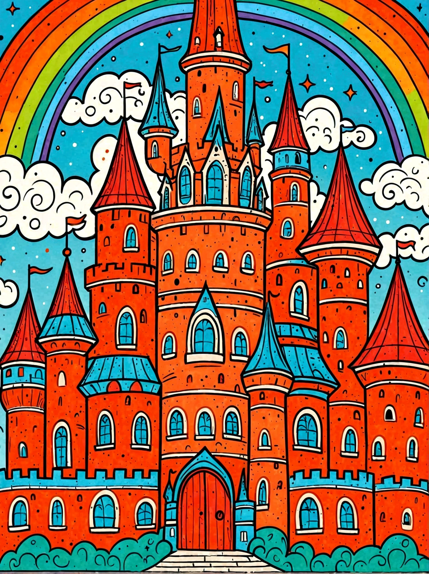 Cartoon hand drawn, A colorful castle,Clean background,Blue sky and white clouds,Dopamine Color,The background is a rainbow,Colourful, Bright blue and green square walls, The color palette is in red, orange and black tones and has a sketchy style, The background should have a simple hand-drawn doodle pattern
