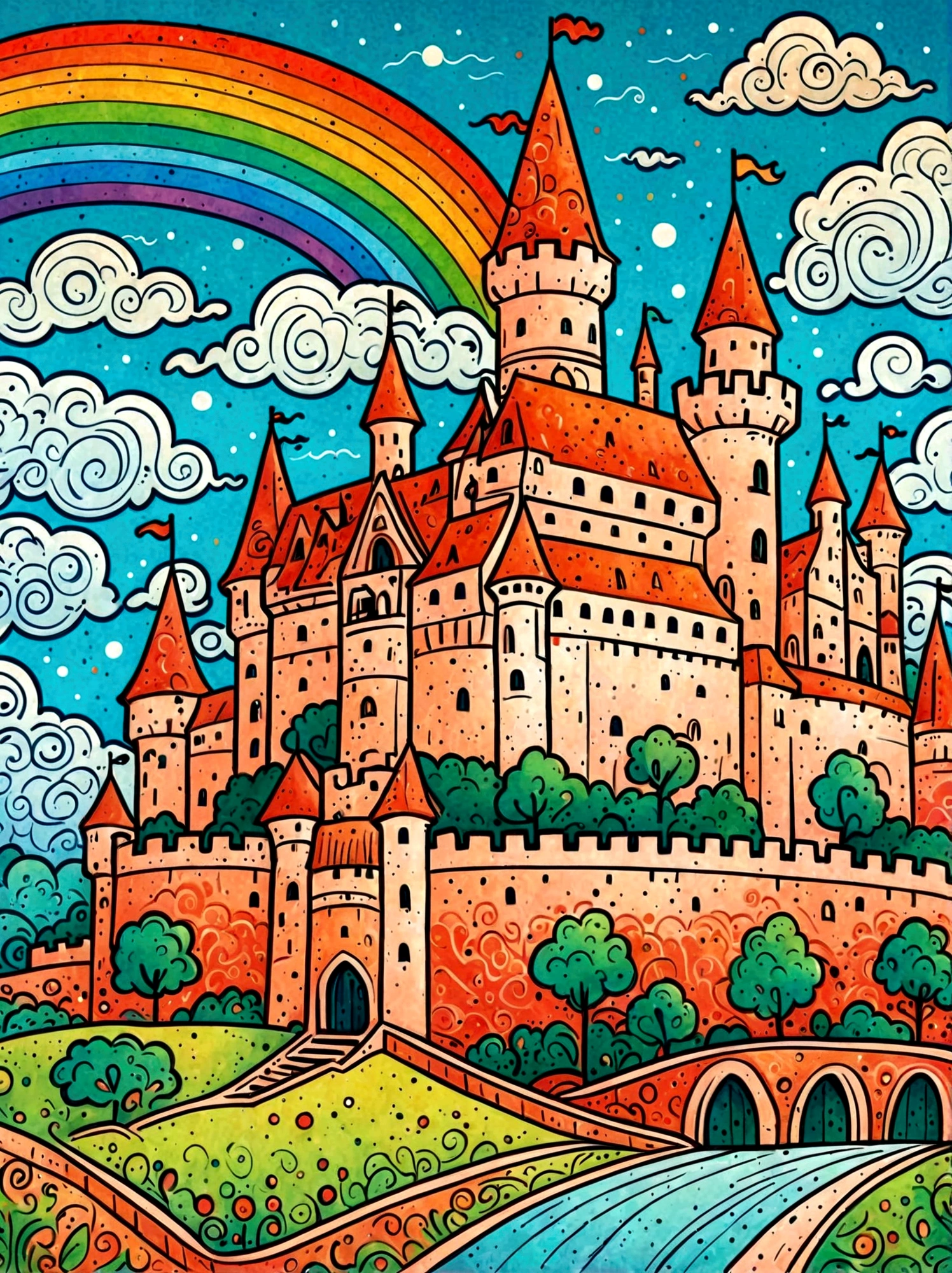Cartoon hand drawn, A colorful castle,Clean background,Blue sky and white clouds,Dopamine Color,The background is a rainbow,Colourful, Bright blue and green square walls, The color palette is in red, orange and black tones and has a sketchy style, The background should have a simple hand-drawn doodle pattern
