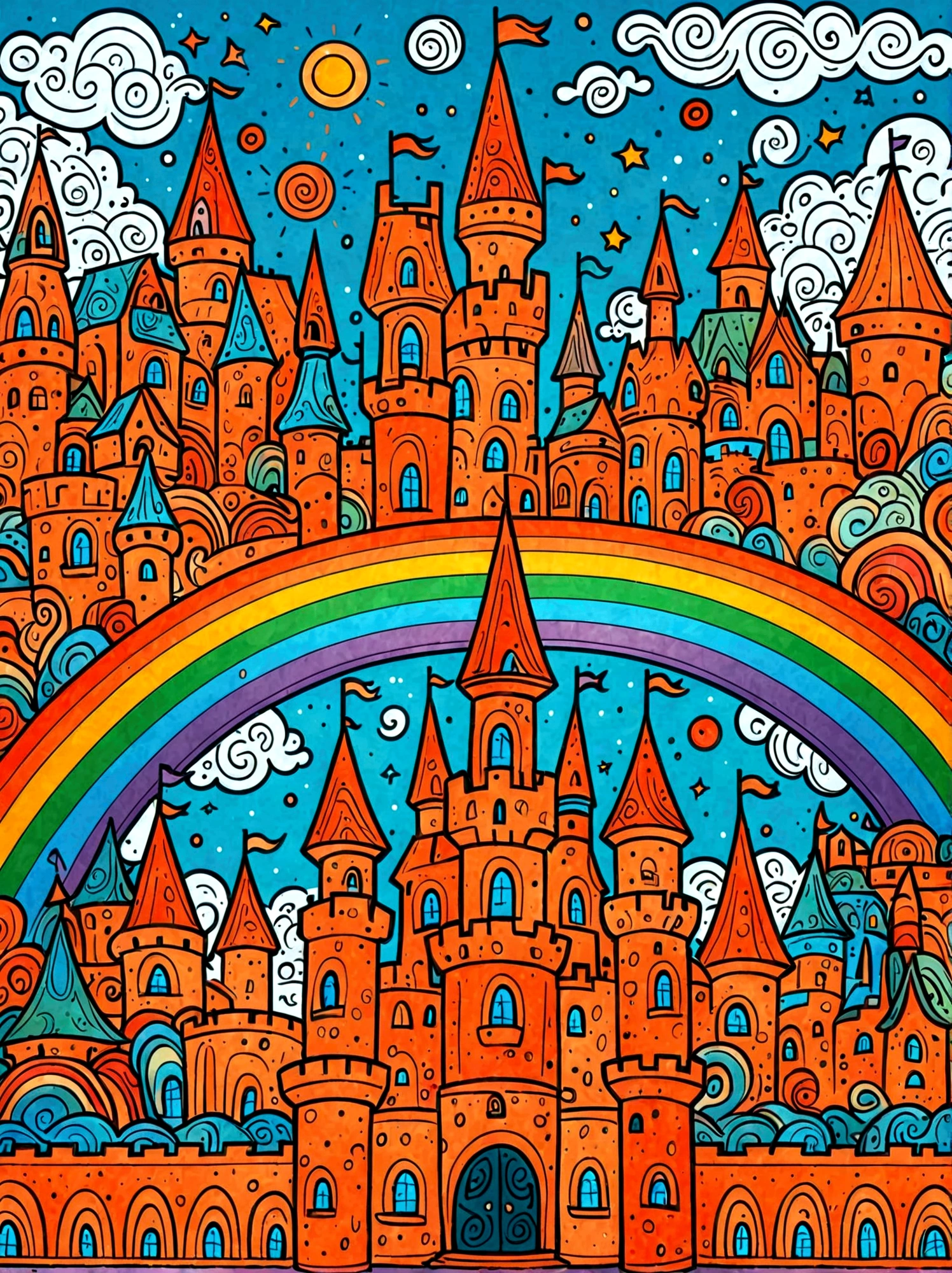 Cartoon hand drawn, A colorful castle,Clean background,Blue sky and white clouds,Dopamine Color,The background is a rainbow,Colourful, Bright blue and green square walls, The color palette is in red, orange and black tones and has a sketchy style, The background should have a simple hand-drawn doodle pattern