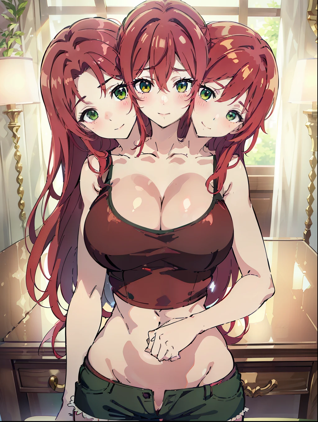 (masterpiece),best quality:1.5, ultra-detailed, high resolution, high quality, 16K, ((3heads:1.5)), ((red hair)),(1girl), conjoined twins, girl with two heads cleavage, ((red tank top)), shorts, (green eyes), long hair, sexy woman, gentle smile, seductive woman, sexy silhouette, blushing