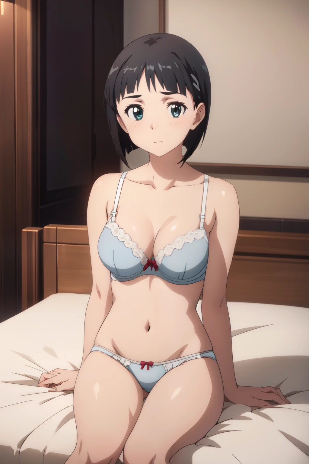 a highly detailed, extremely detailed, 8k, hyper-realistic portrait of kirigaya suguha, beautiful girl,  sitting with knees up on the bed, Spread your legs, glowing effects, detailed white bra and panties, full body,ultra detailed,very high quality, embarrassed