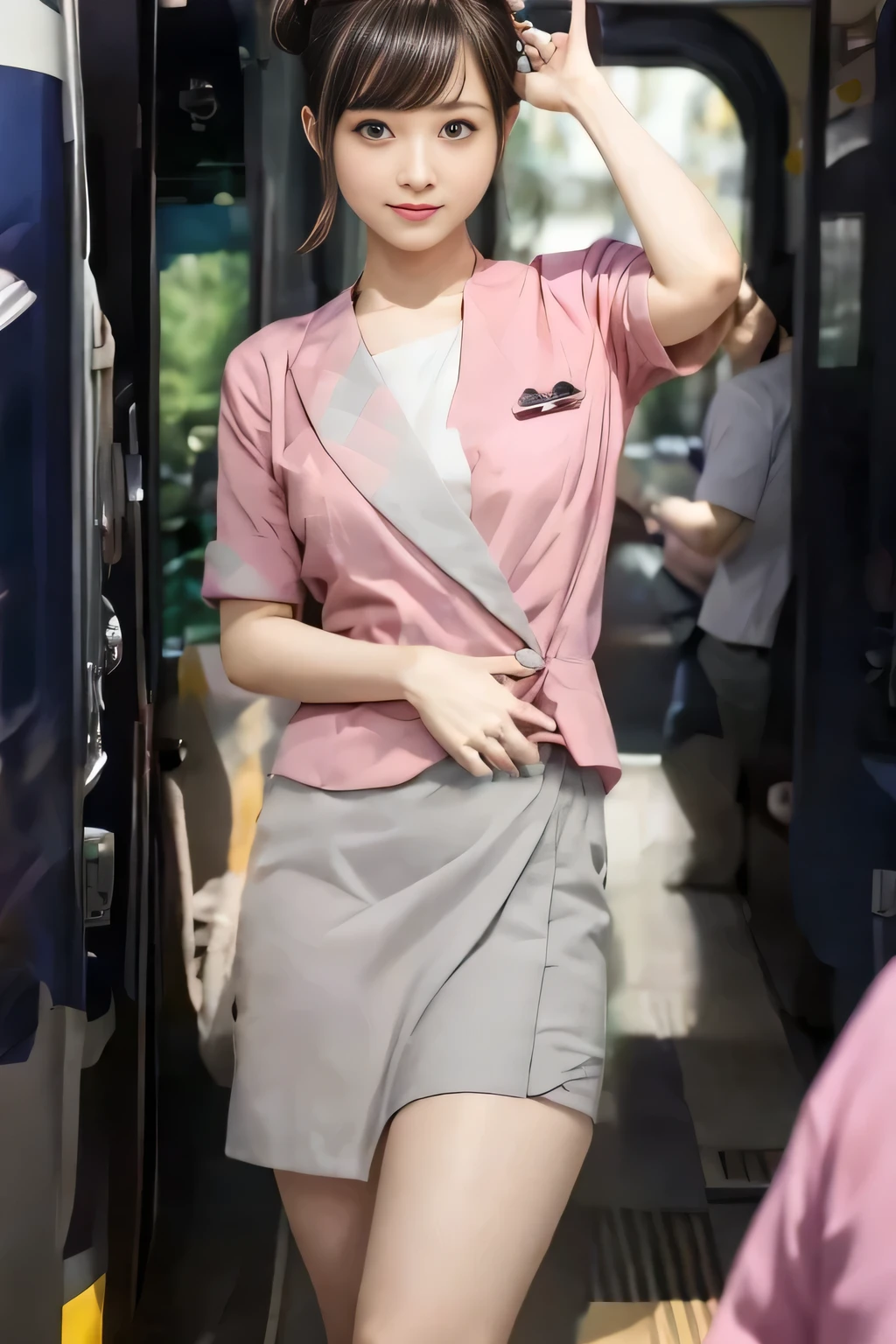 (masterpiece:1.2, highest quality:1.2), 32K HDR, High resolution, (alone、1 girl)、(On the rooftop of a building in the daytime、Professional Lighting)、Building rooftop background、(Nankai train crew uniform pinkを着たリアルスタイル)、(Nankai train crew uniform pink short sleeve pink jacket、Nankai Train Crew Uniform Pink Collarless Short Sleeve Blouse、Nankai Train Crew Uniform Pink Grey Knee-length Culottes)、((The bottom of the pink short-sleeved jacket cannot be tucked into the clay-colored culottes.))、Dark brown hair、(Hair tied up、Hair Bun、Hair Bun)、Dark brown hair、Long Shot、Big Breasts、Thin legs、((Great hands:2.0)),((Harmonious body proportions:1.5)),((Normal limbs:2.0)),((Normal finger:2.0)),((Delicate eyes:2.0)),((Normal eyes:2.0)))、smile、(Nankai Train Crew Uniform Pink Grey Knee-length Culottesを見せた美しい立ち姿)