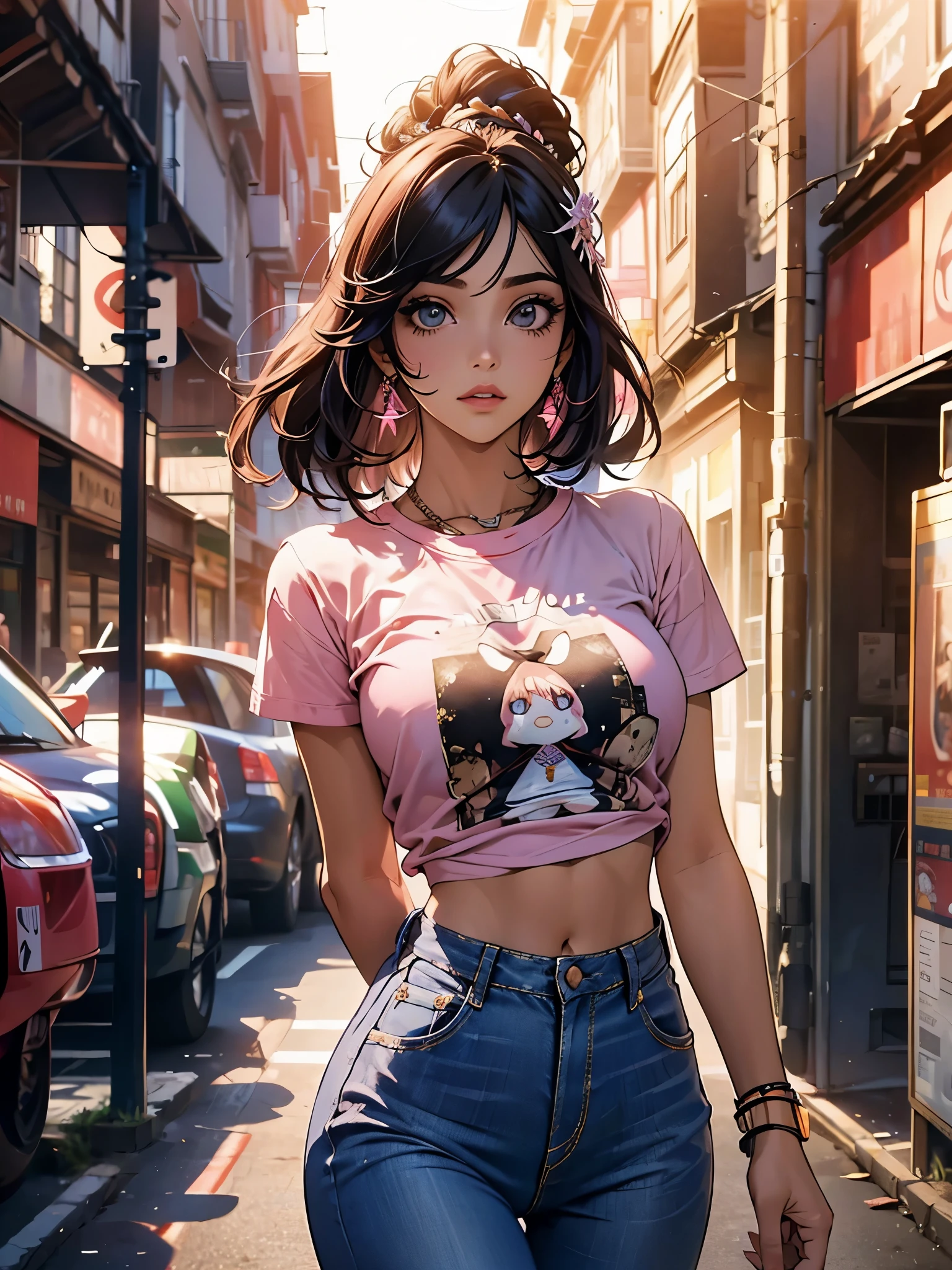 Obra de arte, melhor qualidade,lacus-bk, 1 garota, Sozinho, cabelo longo, cabelo rosa, very cabelo longo, olhos azuis, hair ornament, camiseta top, mangas destacadas, Jeans, cameltoe