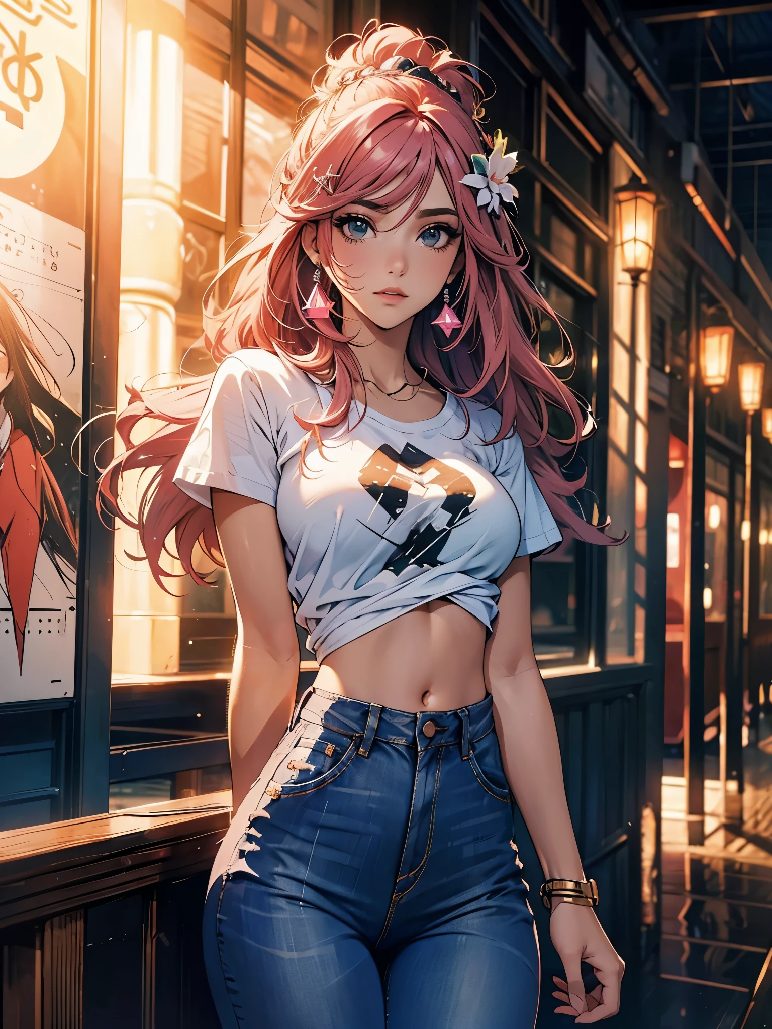 Obra de arte, melhor qualidade,lacus-bk, 1 garota, Sozinho, cabelo longo, cabelo rosa, very cabelo longo, olhos azuis, hair ornament, camiseta top, mangas destacadas, Jeans, cameltoe
