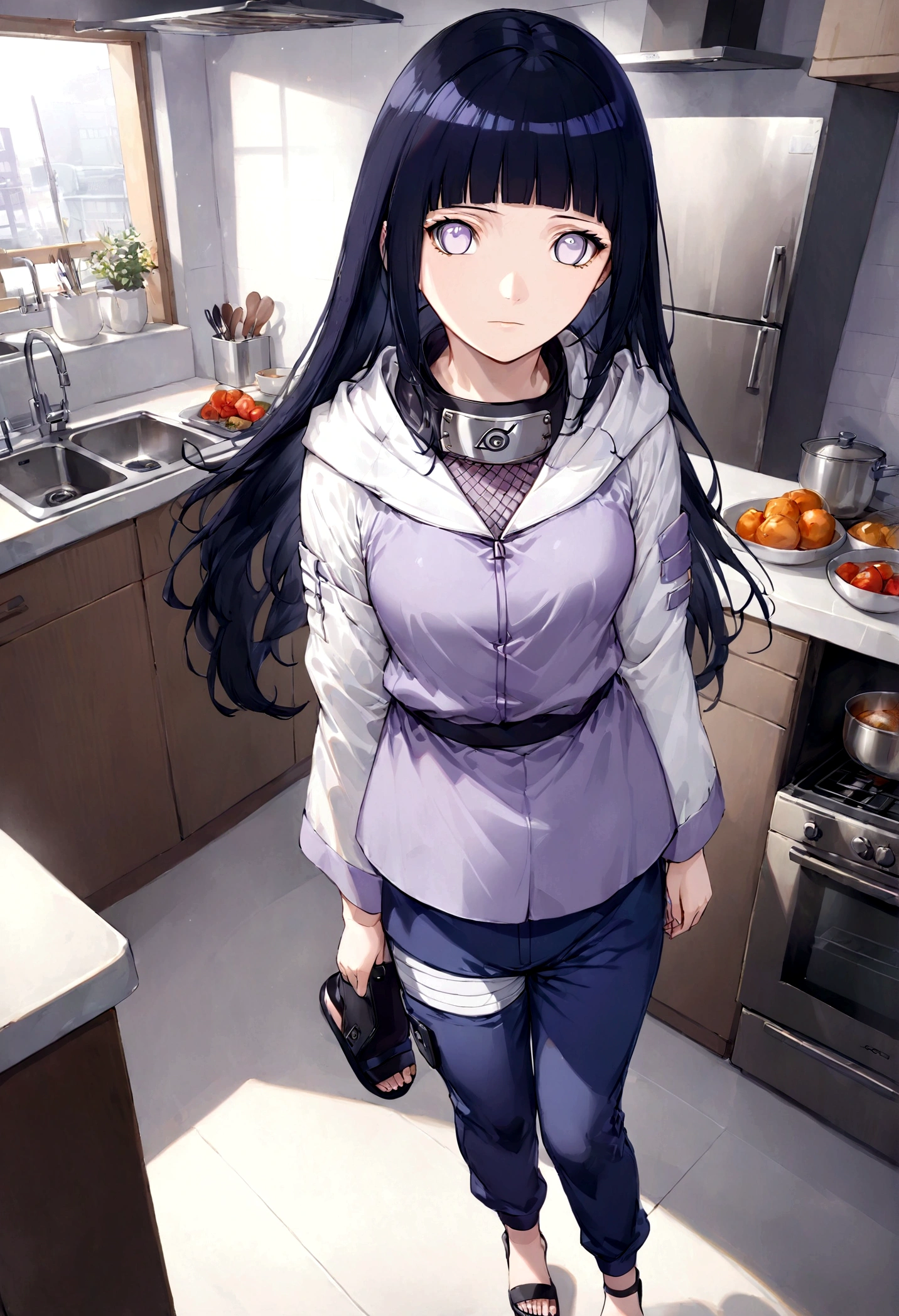 1girl, Hinata Hyuga, cook, kitchen, long hair, blunt bangs, dark blue hair, white eyes, no pupils, forehead protector, konohagakure symbol, purple and white hooded jacket, fishnets, blue pants, holster, bandage on thigh, open sandals, looking at viewer, (masterpiece, best quality, Professional, perfect composition, very aesthetic, absurdres, ultra-detailed, intricate details:1.3)